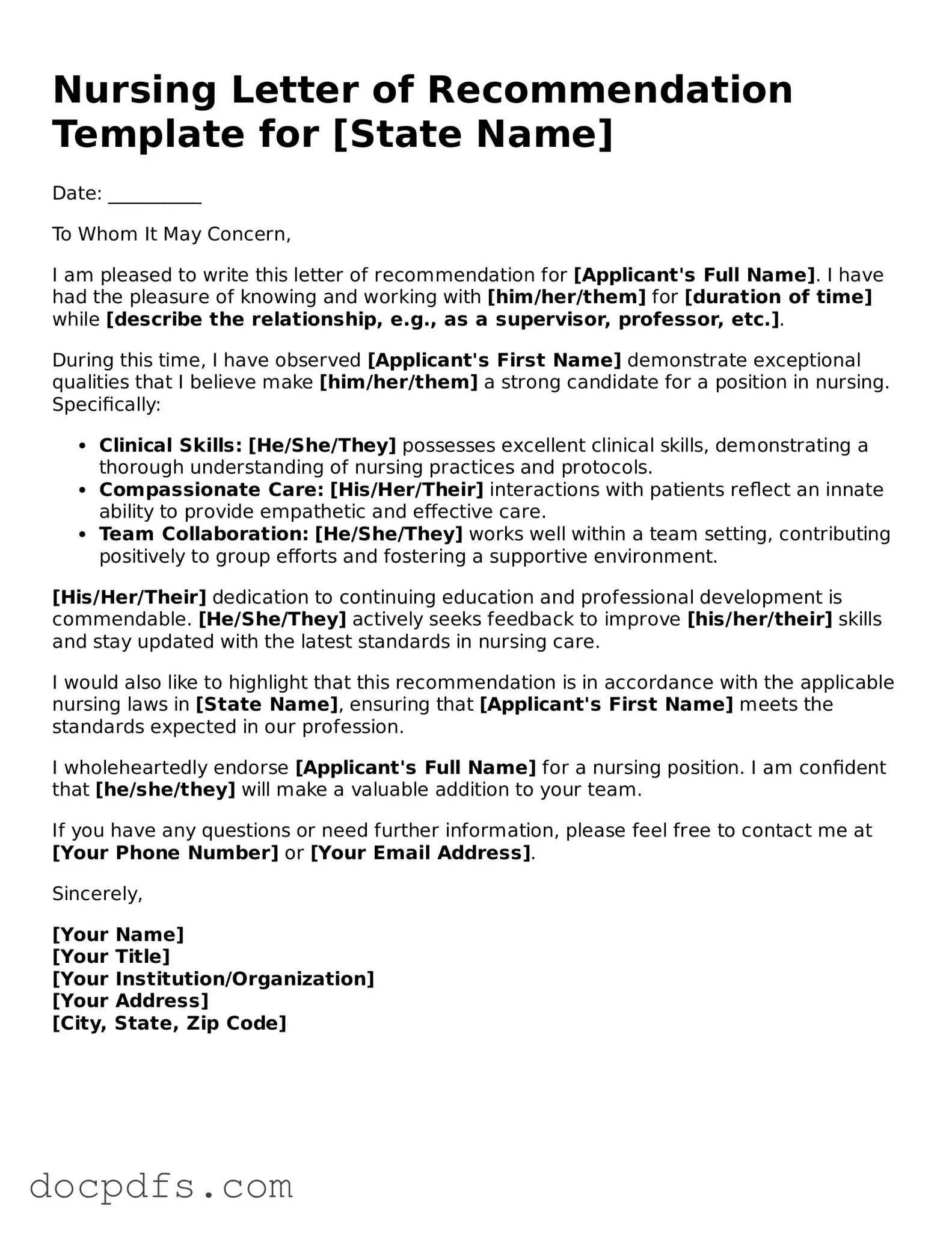 Legal Nursing Letter of Recommendation Document