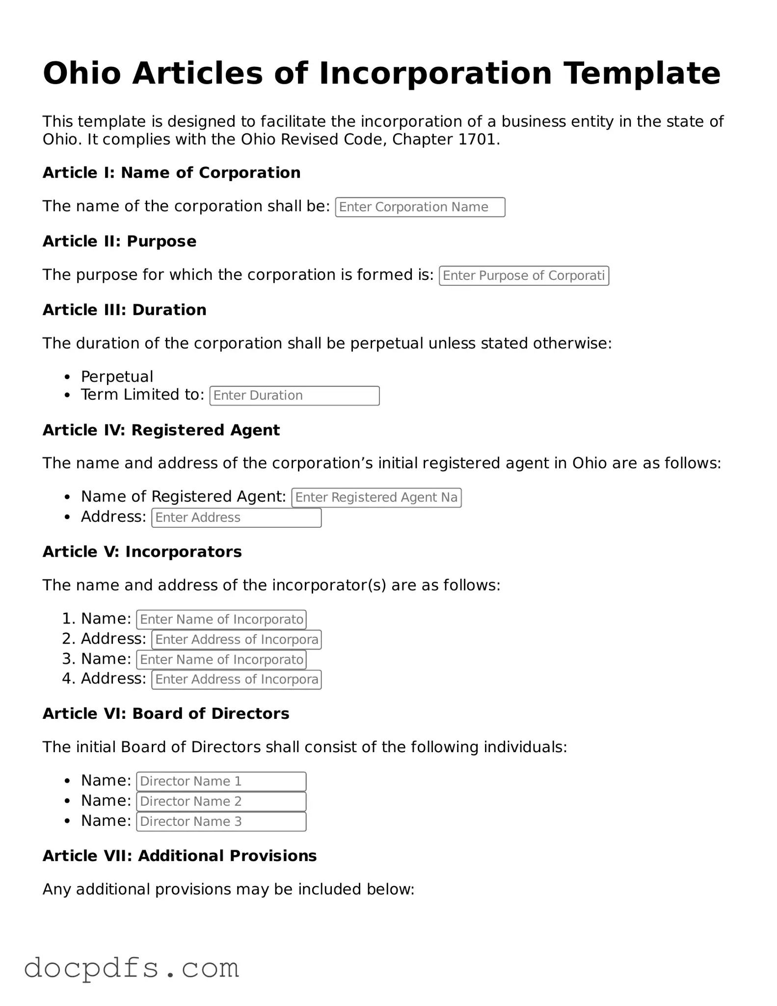 Free Ohio Articles of Incorporation Form