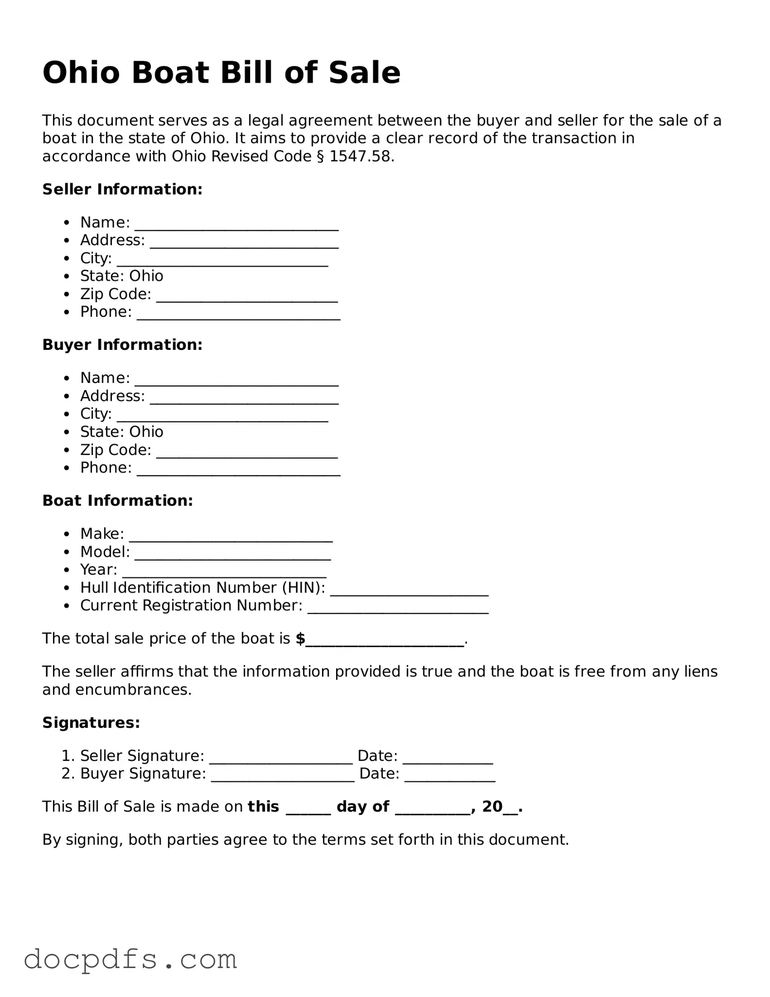 Free Ohio Boat Bill of Sale Form