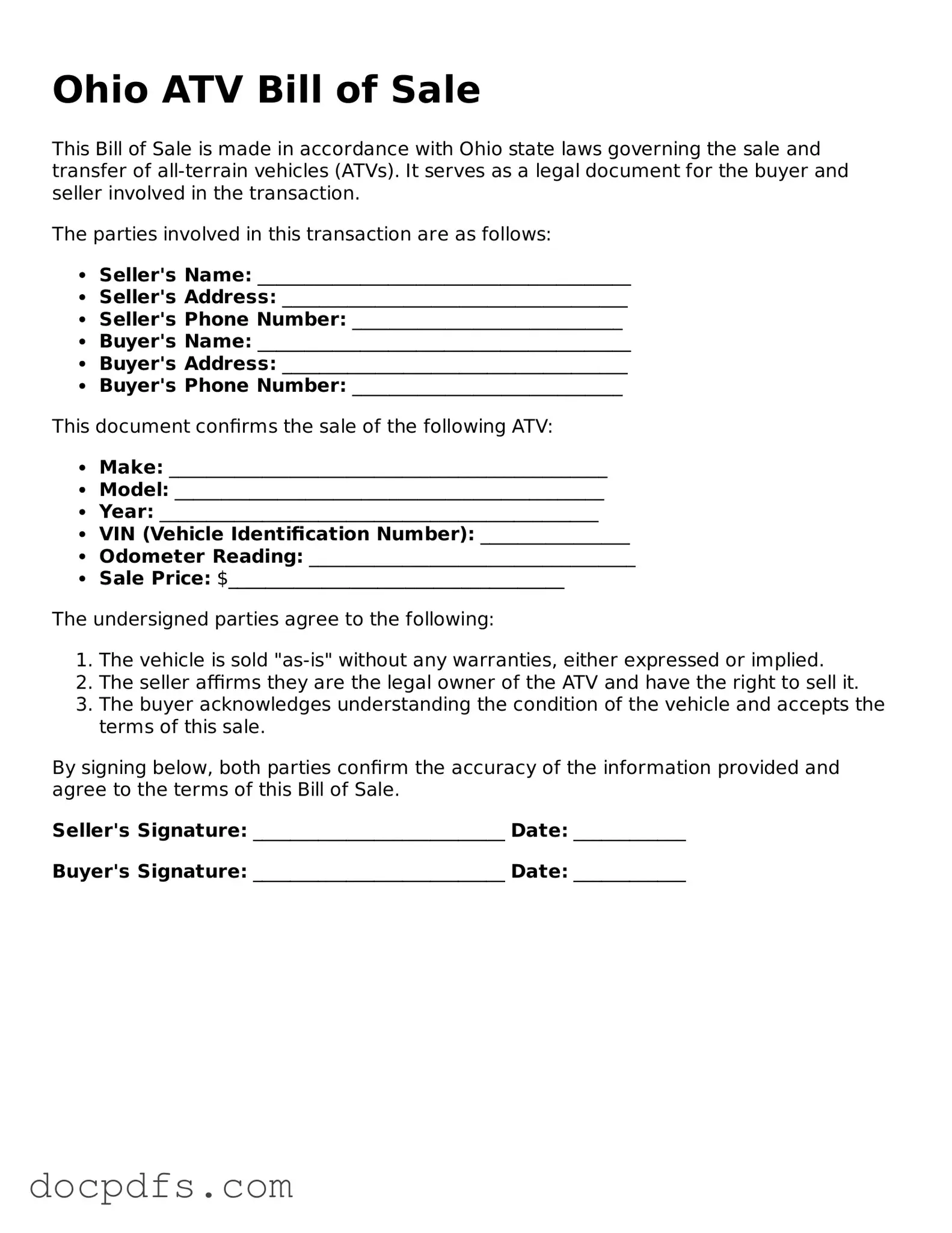 Free Ohio ATV Bill of Sale Form
