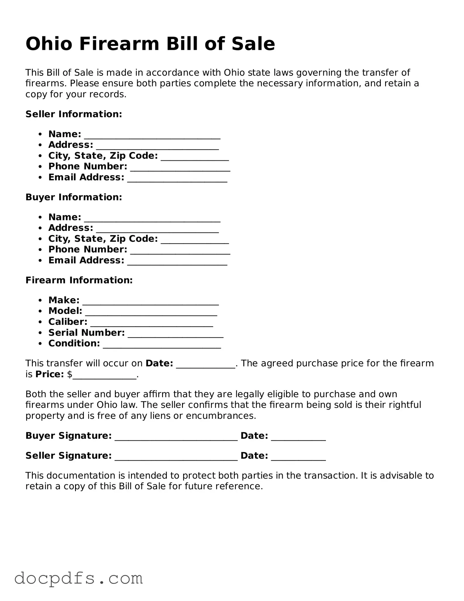 Free Ohio Firearm Bill of Sale Form