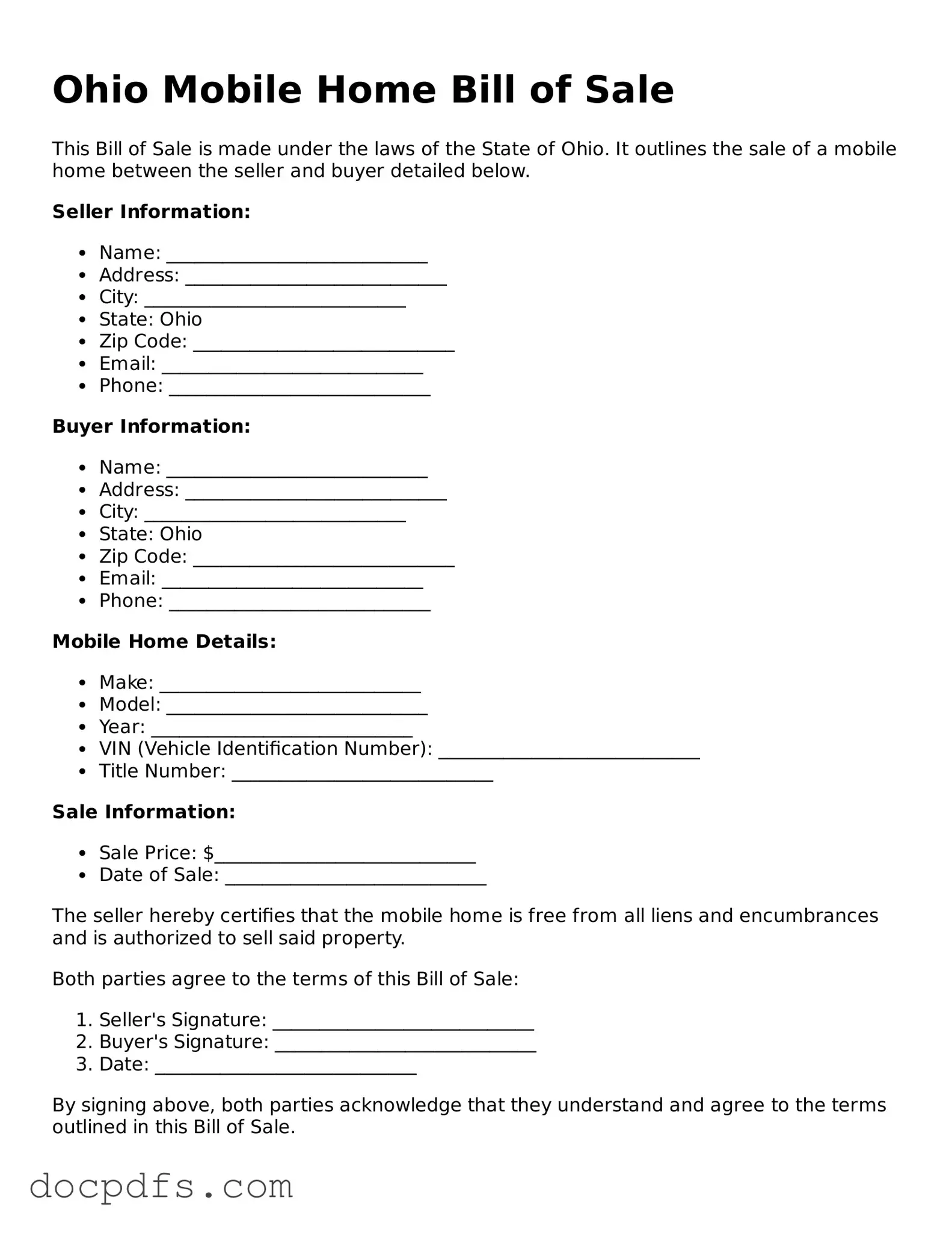 Free Ohio Mobile Home Bill of Sale Form