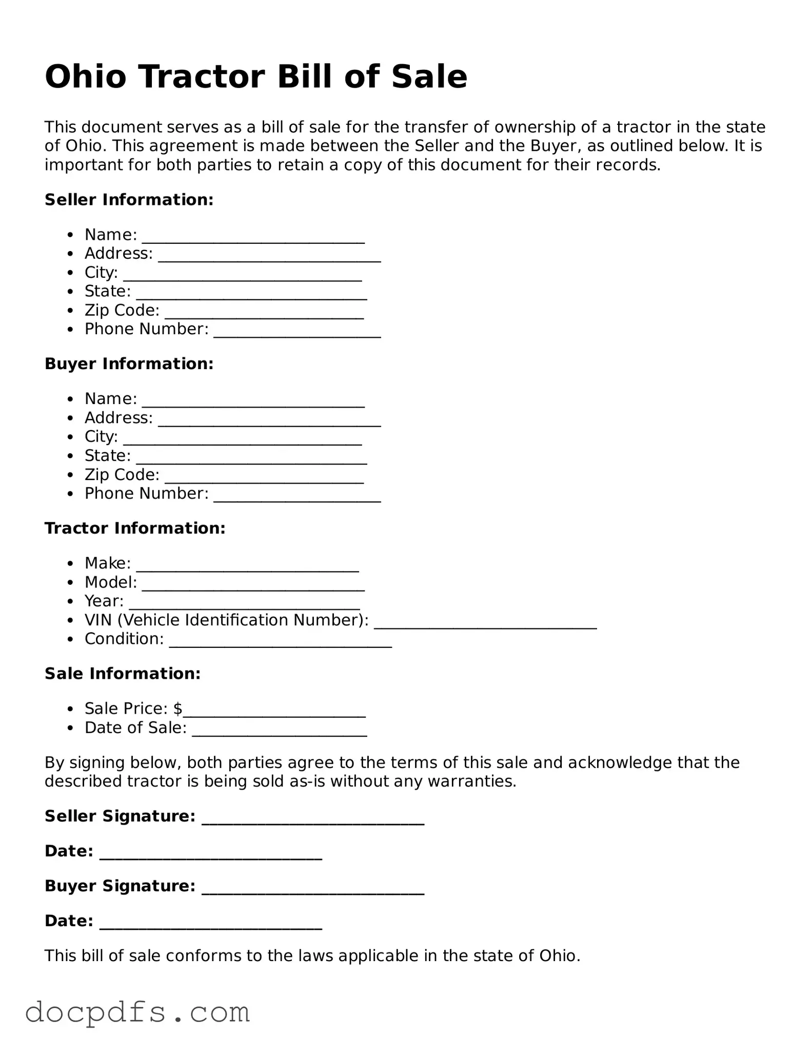 Free Ohio Tractor Bill of Sale Form