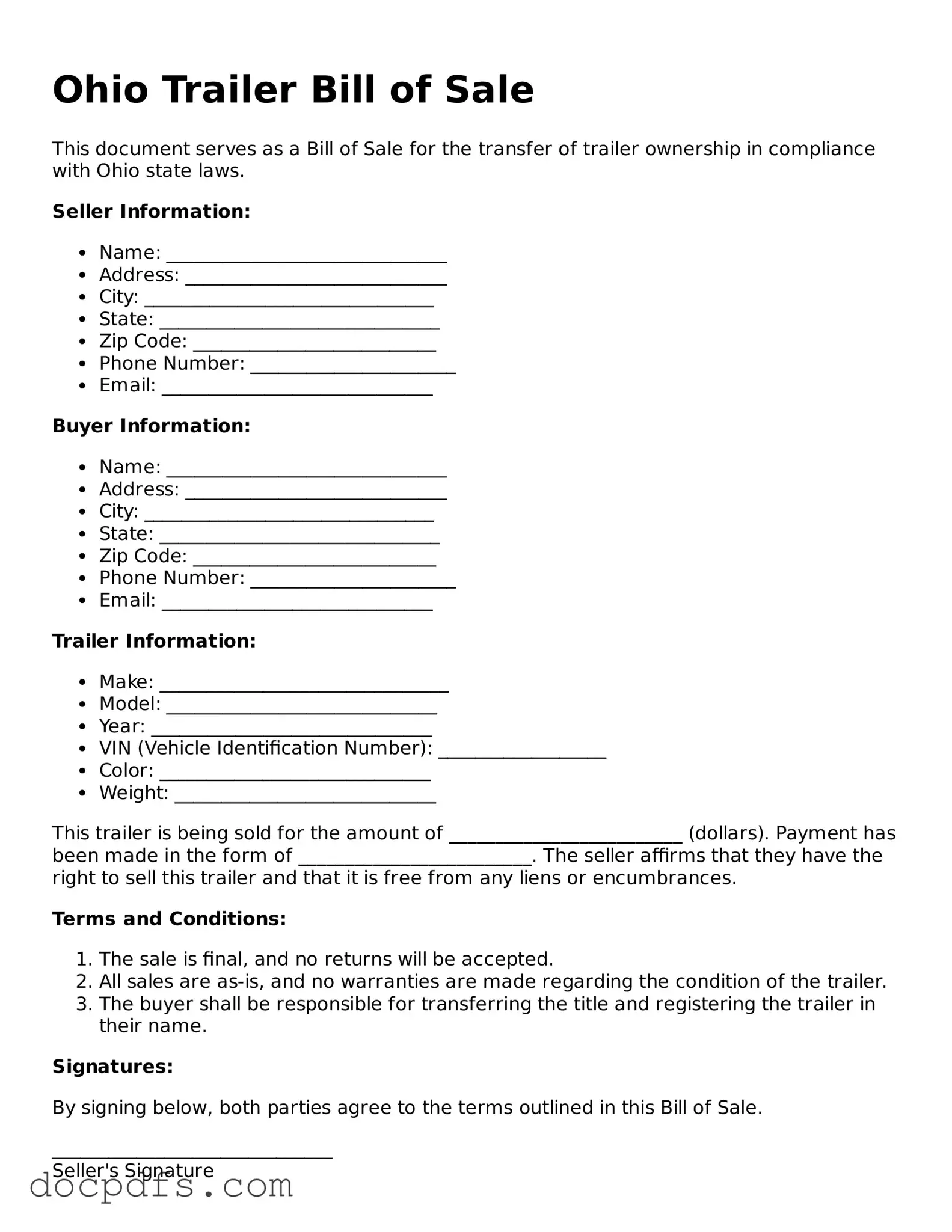 Free Ohio Trailer Bill of Sale Form