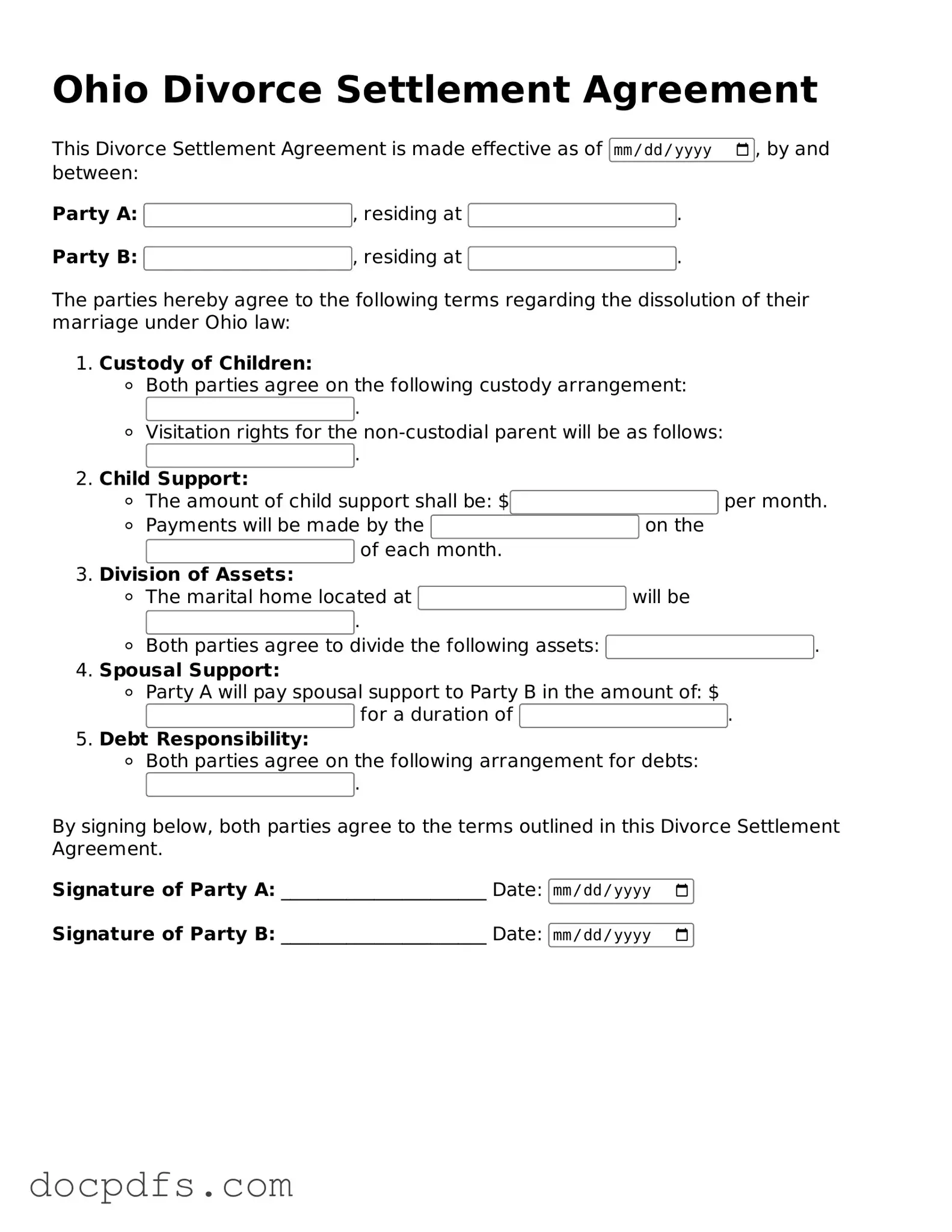 Free Ohio Divorce Settlement Agreement Form