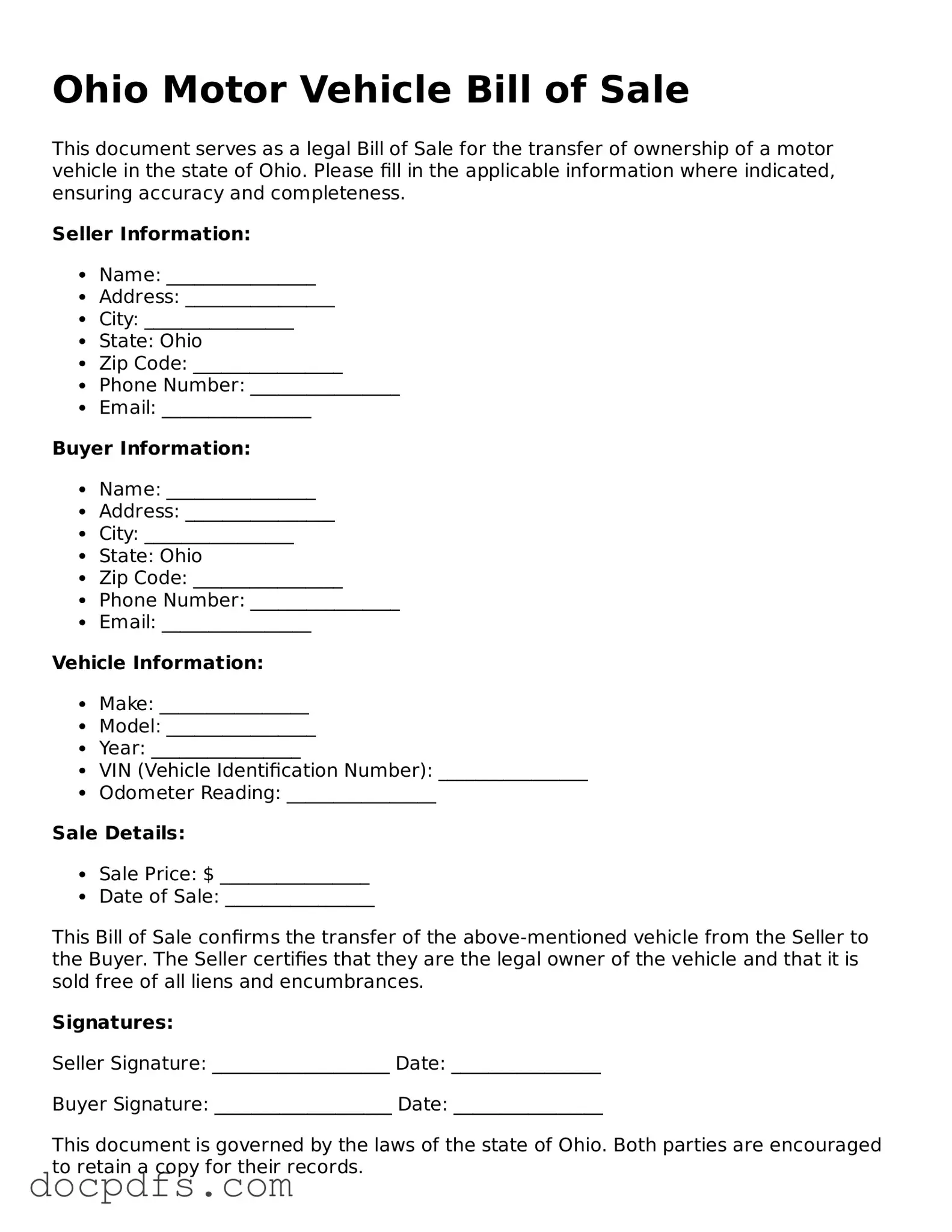 Free Ohio Motor Vehicle Bill of Sale Form