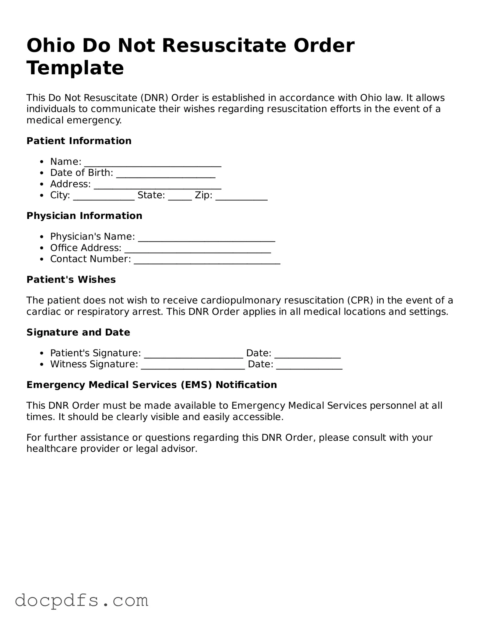 Free Ohio Do Not Resuscitate Order Form