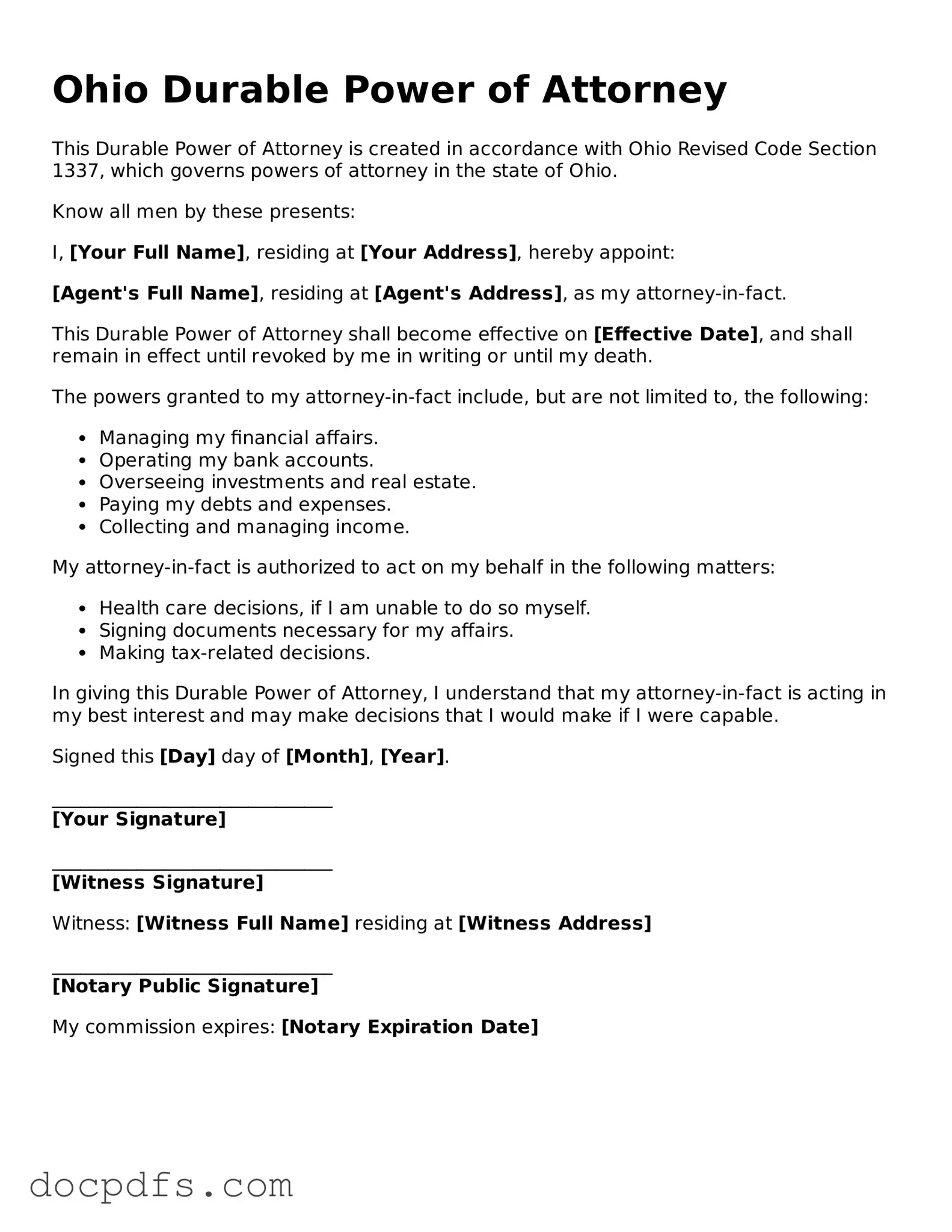 Free Ohio Durable Power of Attorney Form
