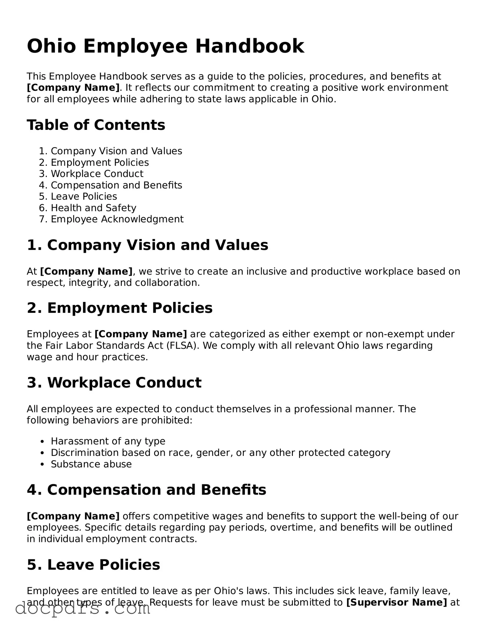 Free Ohio Employee Handbook Form