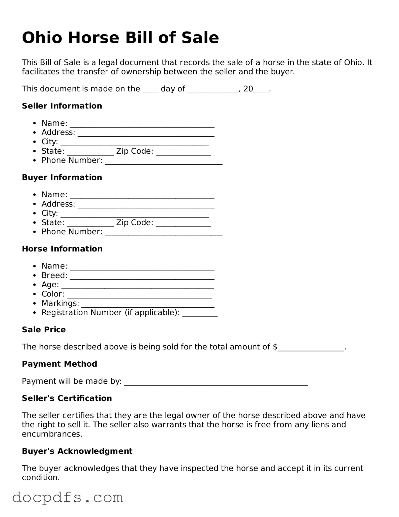 Free Ohio Horse Bill of Sale Form