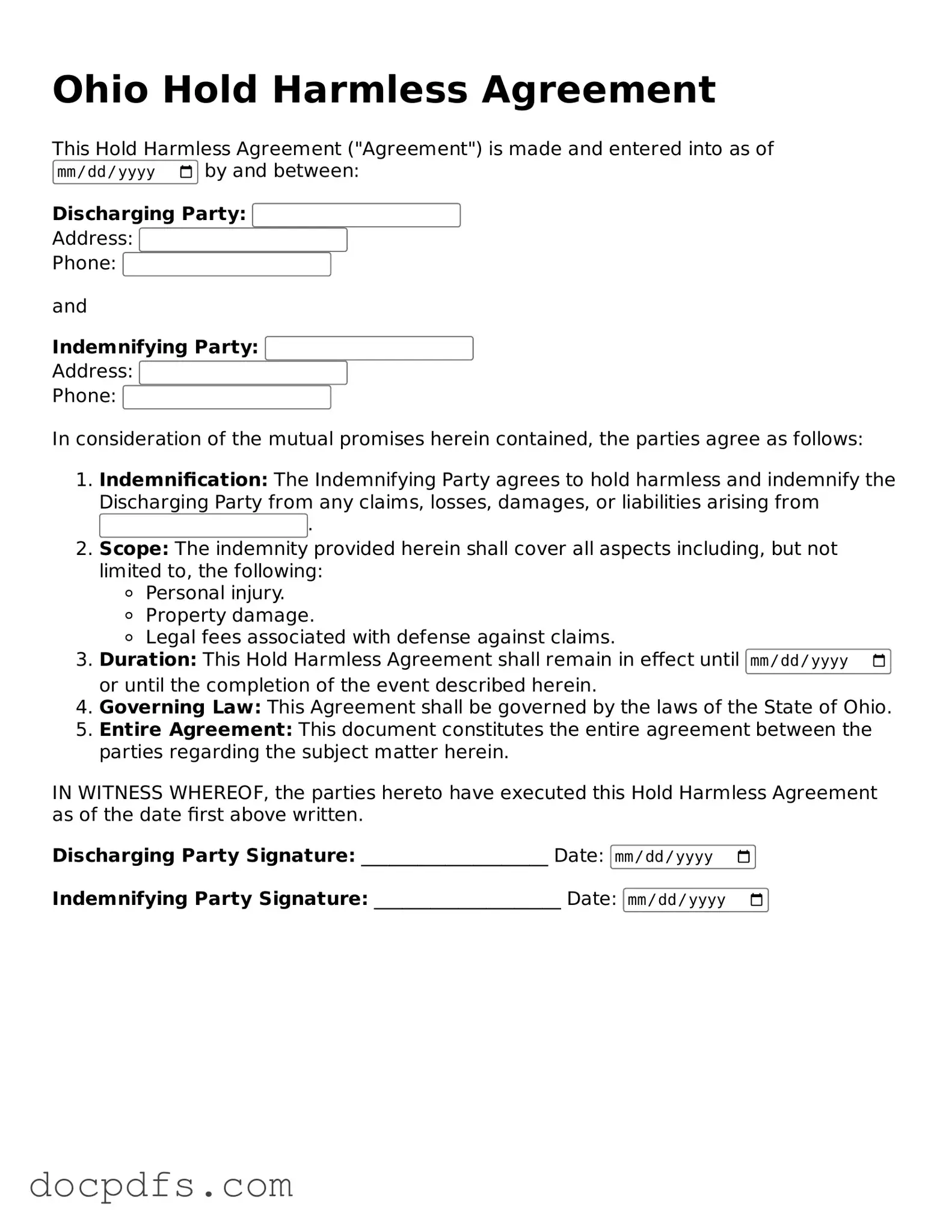 Free Ohio Hold Harmless Agreement Form