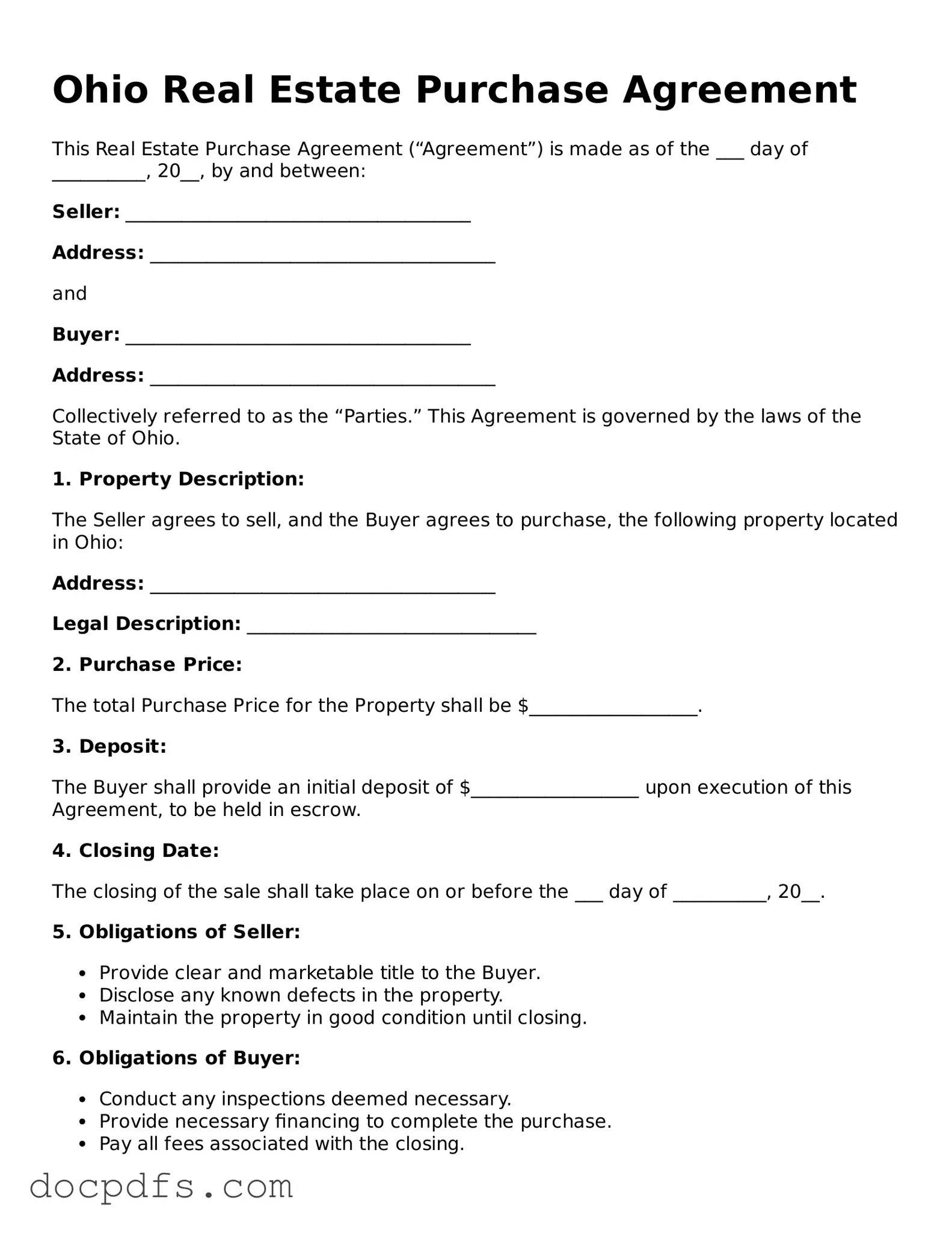 Free Ohio Real Estate Purchase Agreement Form