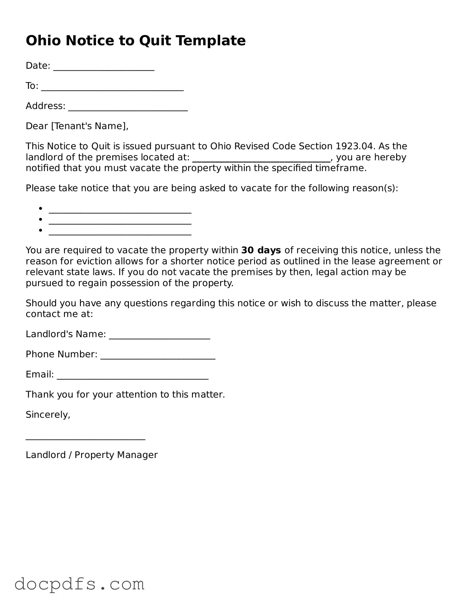 Free Ohio Notice to Quit Form