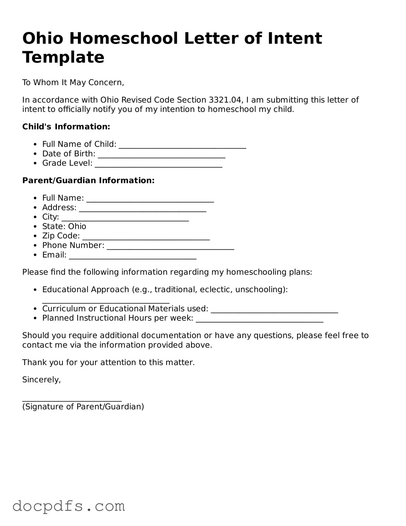 Free Ohio Homeschool Letter of Intent Form