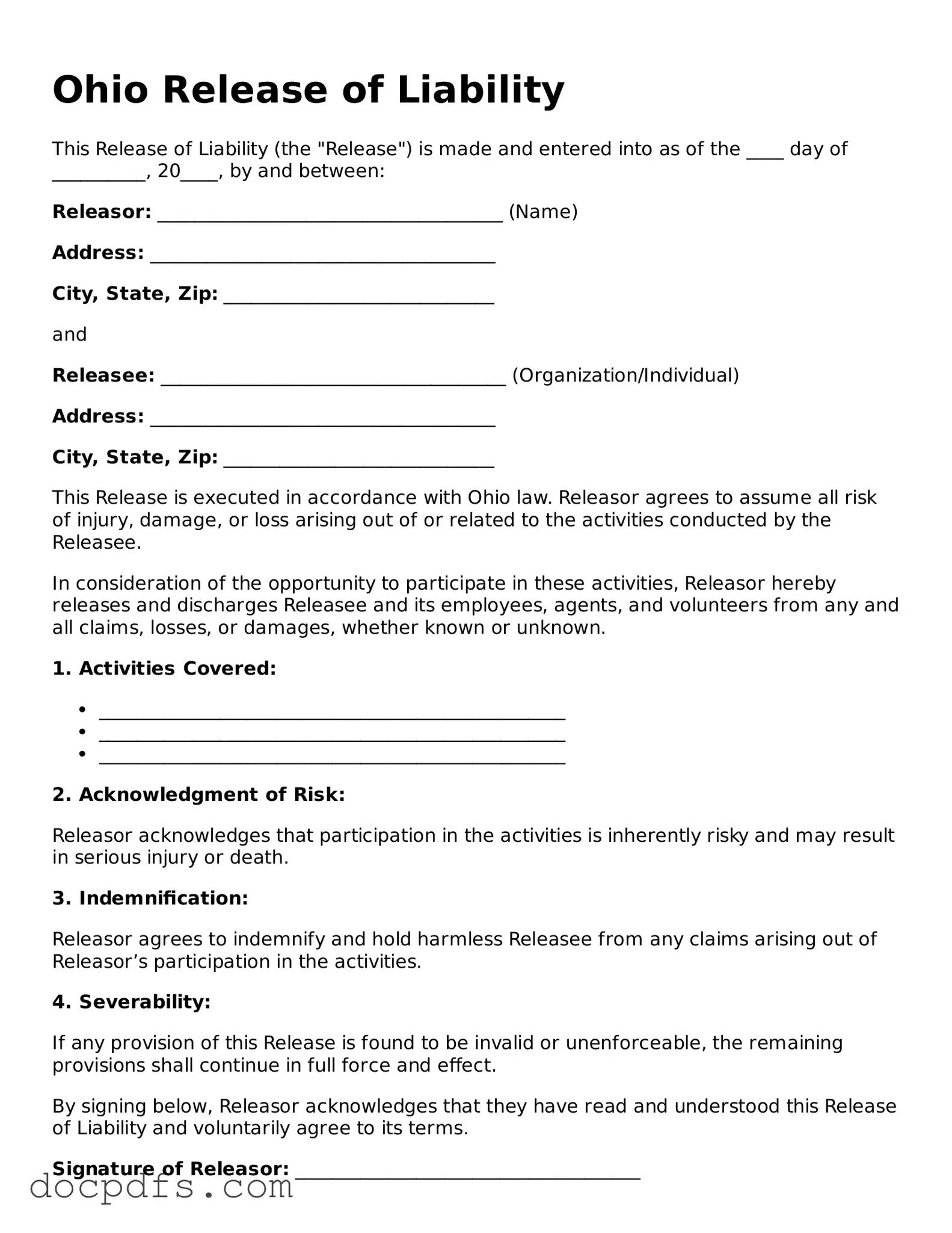 Free Ohio Release of Liability Form