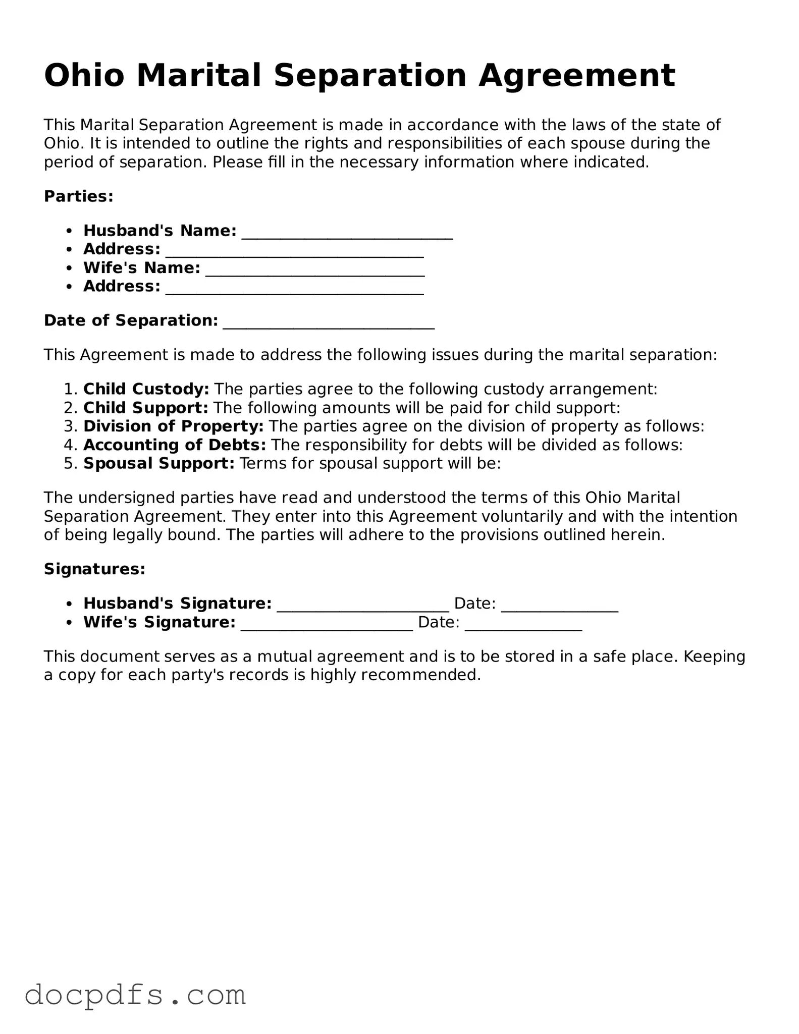 Free Ohio Marital Separation Agreement Form