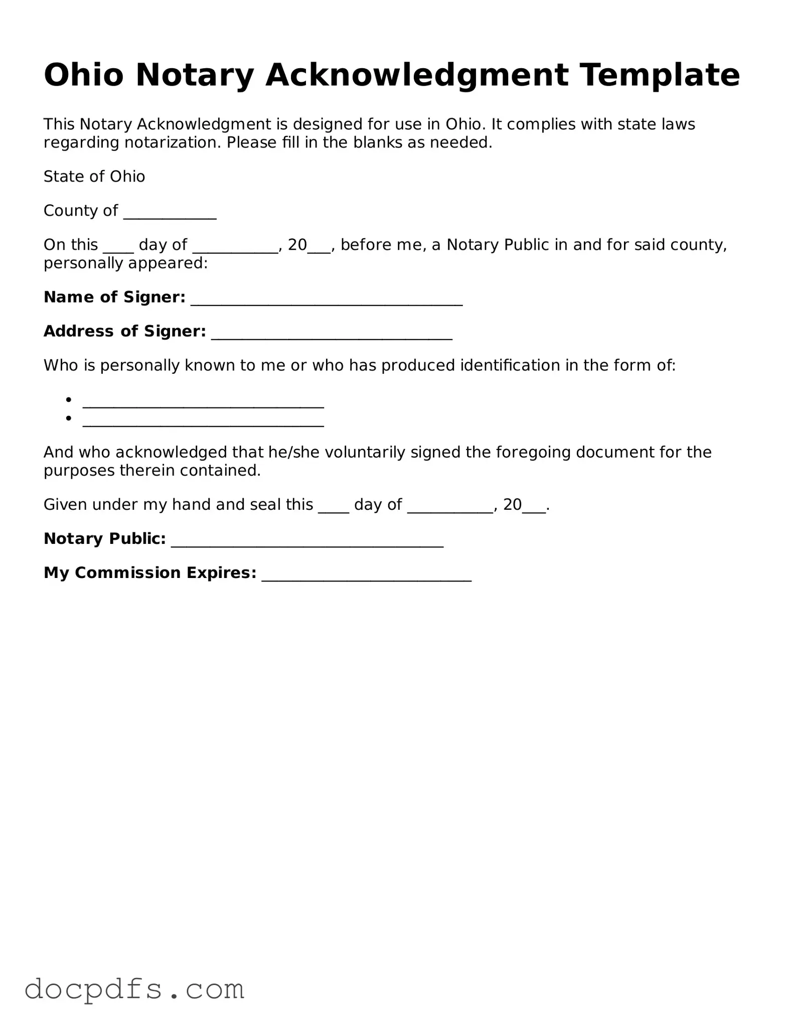 Free Ohio Notary Acknowledgement Form