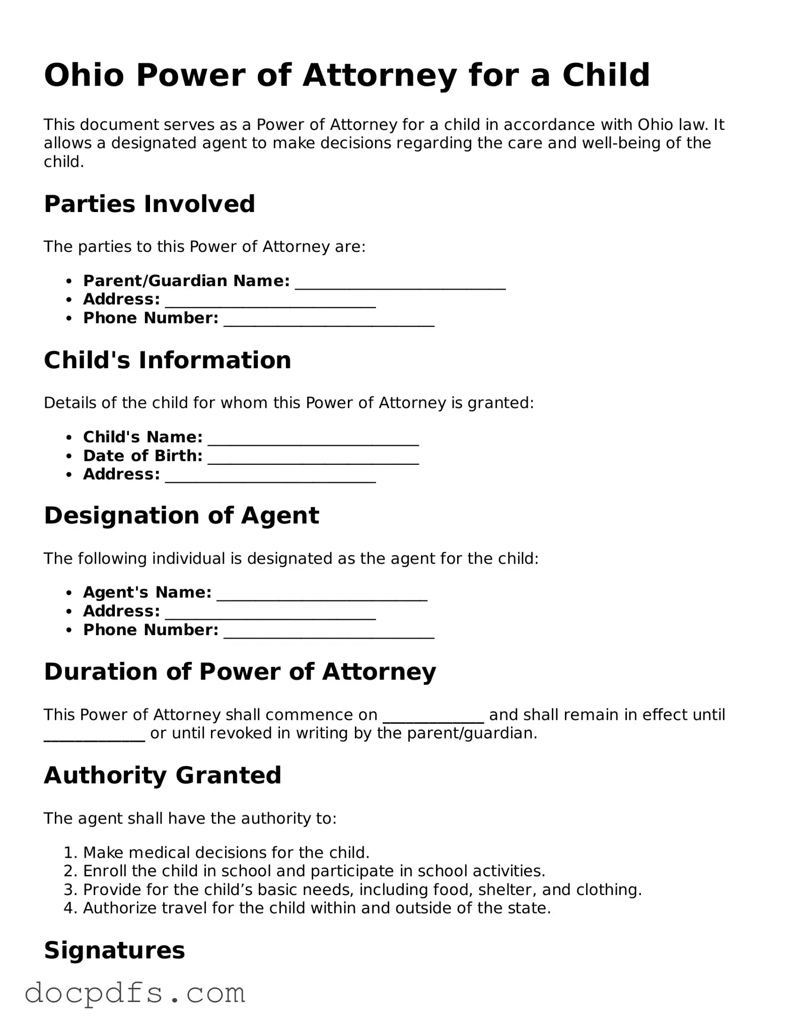 Free Ohio Power of Attorney for a Child Form