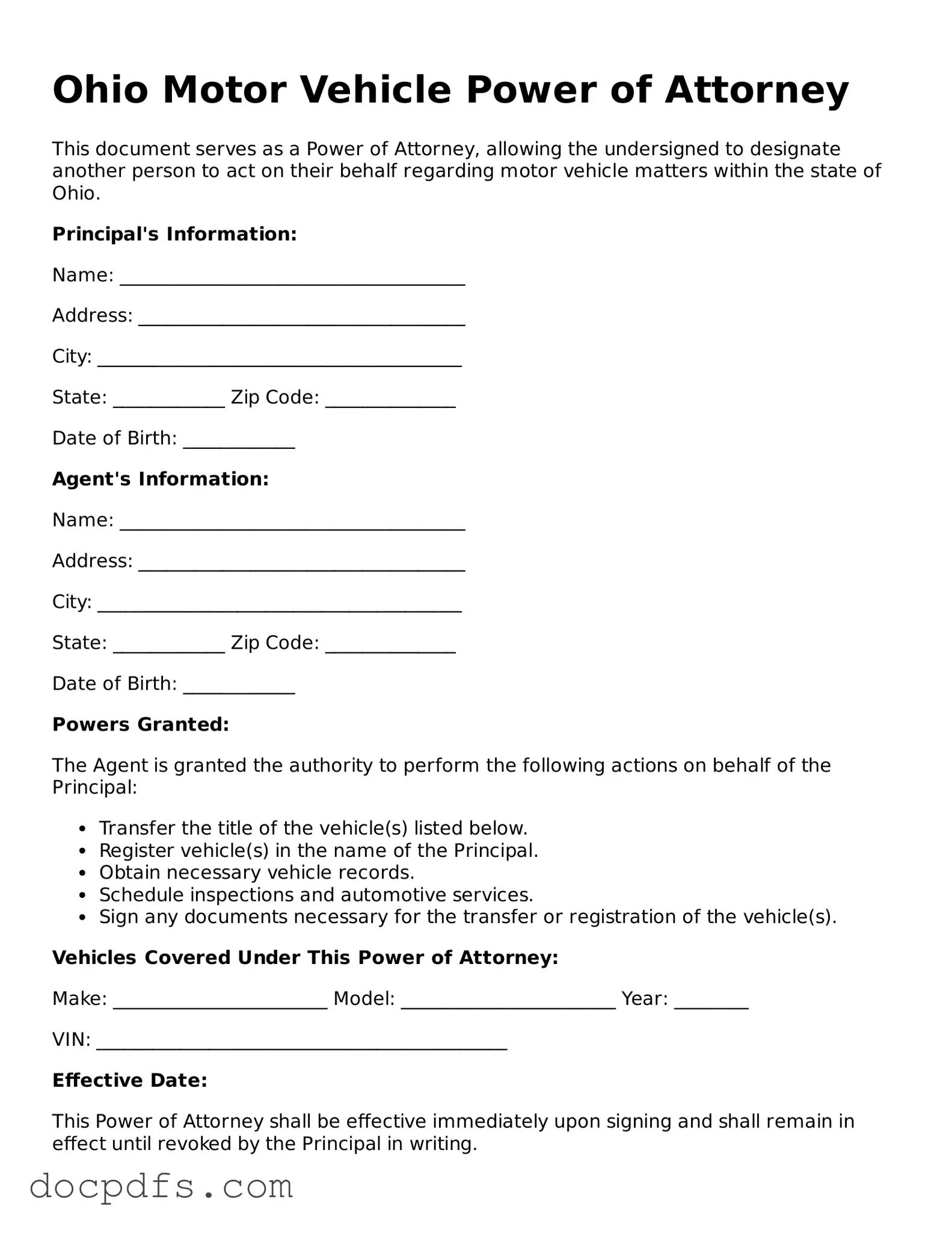 Free Ohio Motor Vehicle Power of Attorney Form