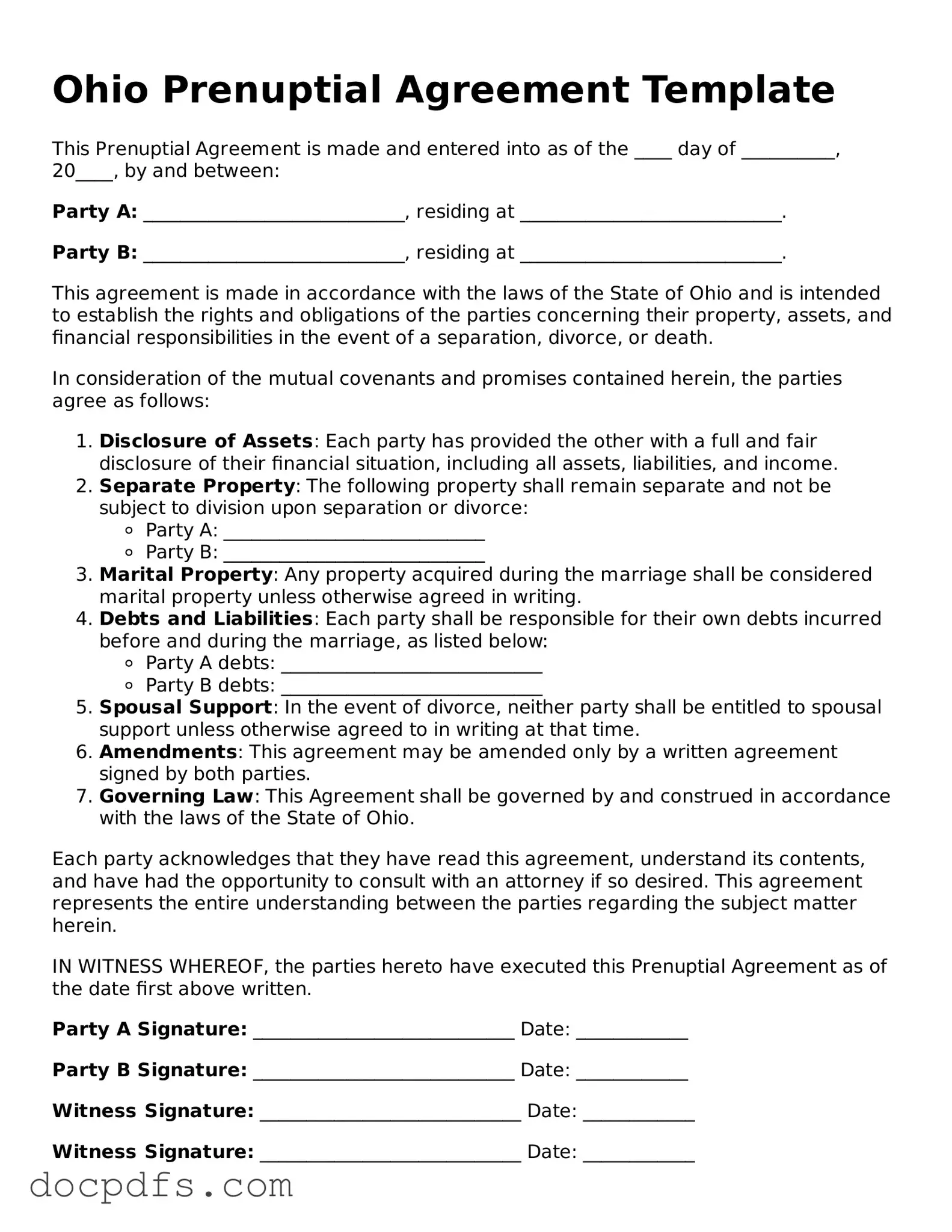 Free Ohio Prenuptial Agreement Form