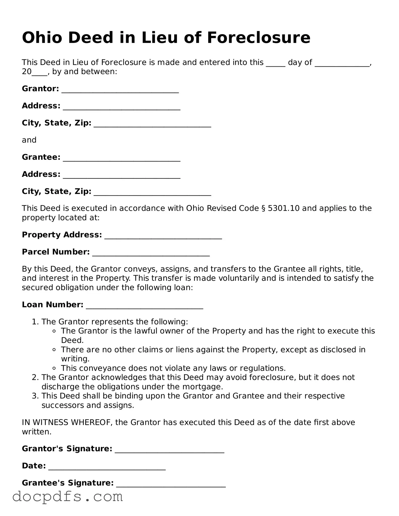 Free Ohio Deed in Lieu of Foreclosure Form