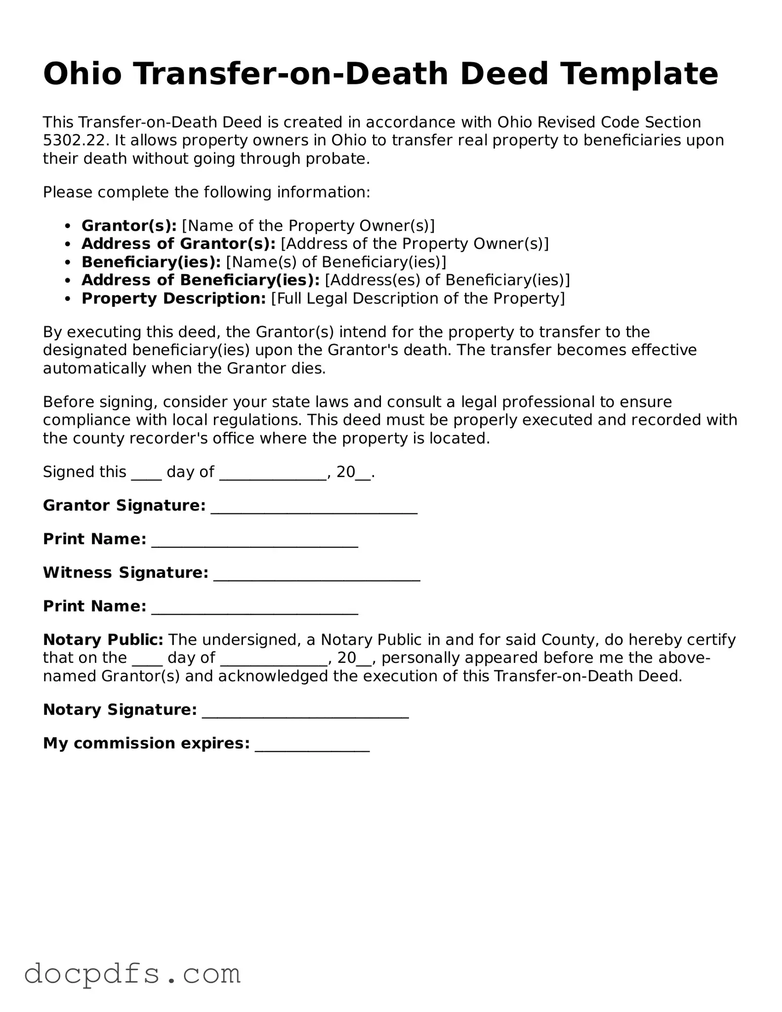 Free Ohio Transfer-on-Death Deed Form