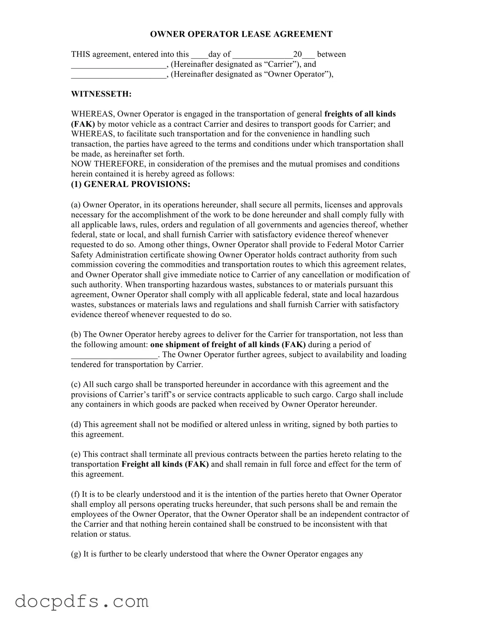 Owner Operator Lease Agreement Template in PDF