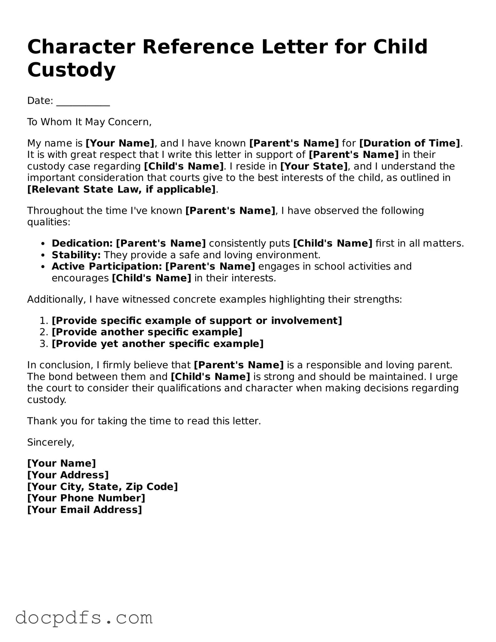 Legal Character Reference Letter for Child Custody Document