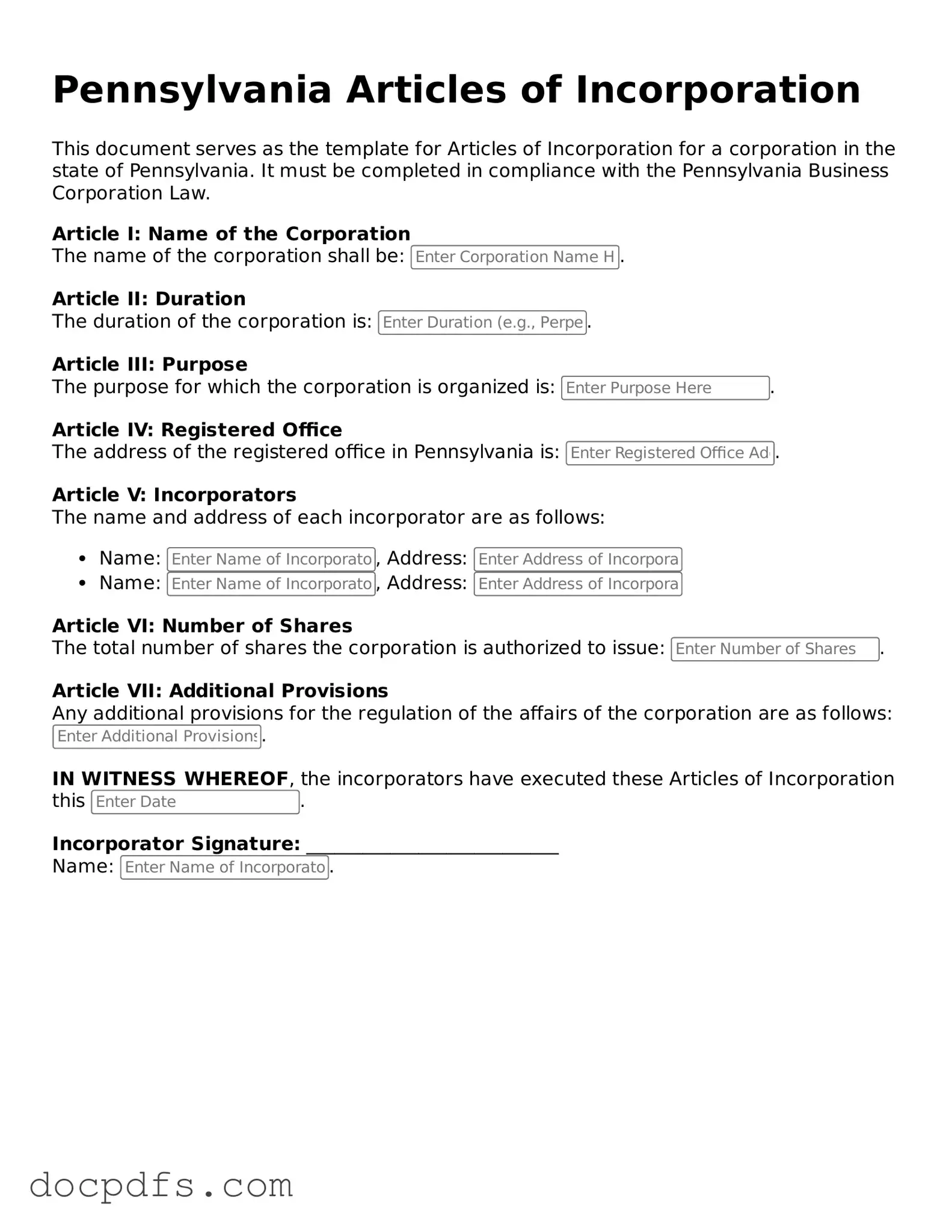 Free Pennsylvania Articles of Incorporation Form