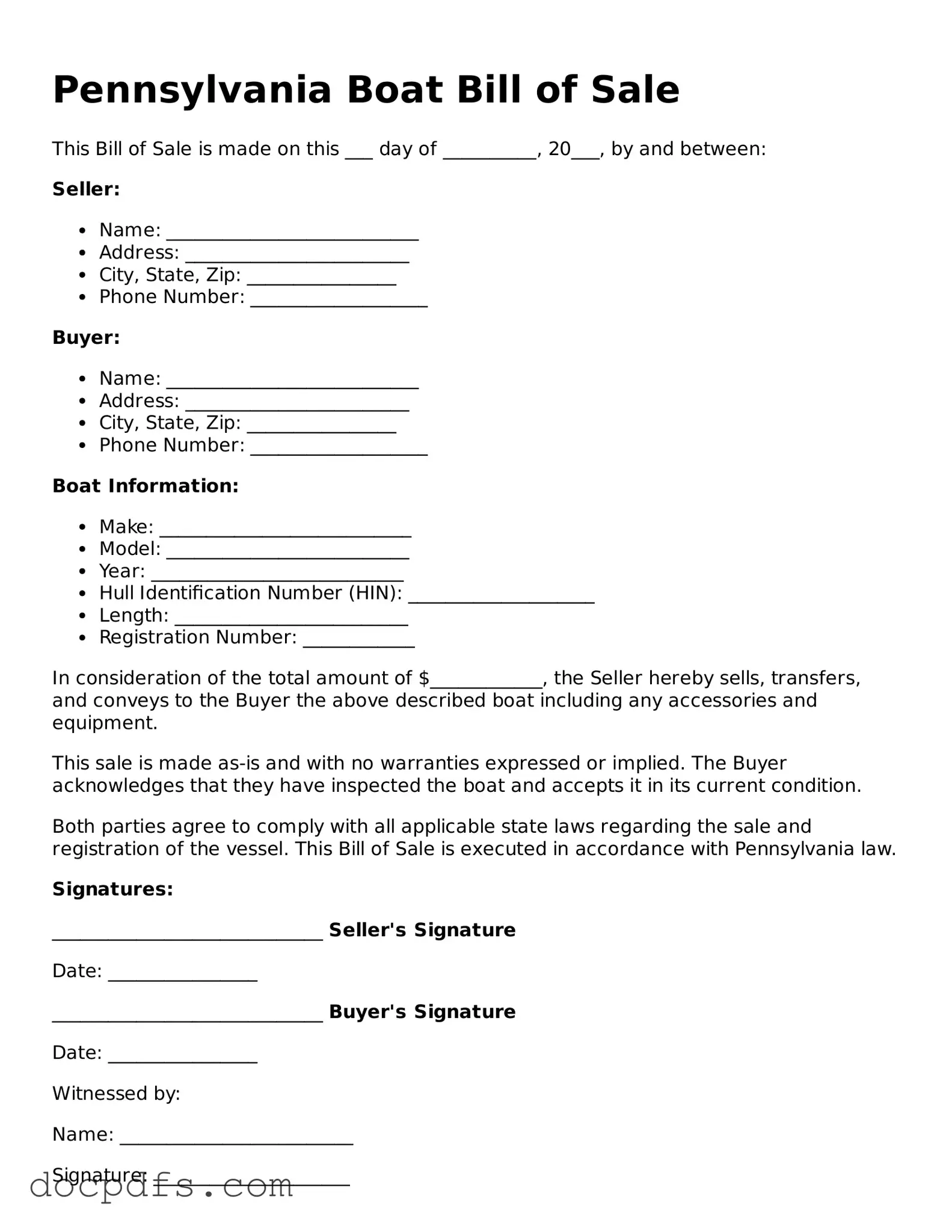 Free Pennsylvania Boat Bill of Sale Form