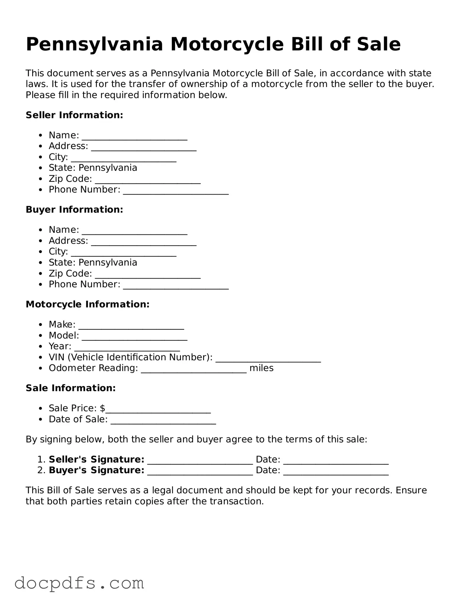 Free Pennsylvania Motorcycle Bill of Sale Form