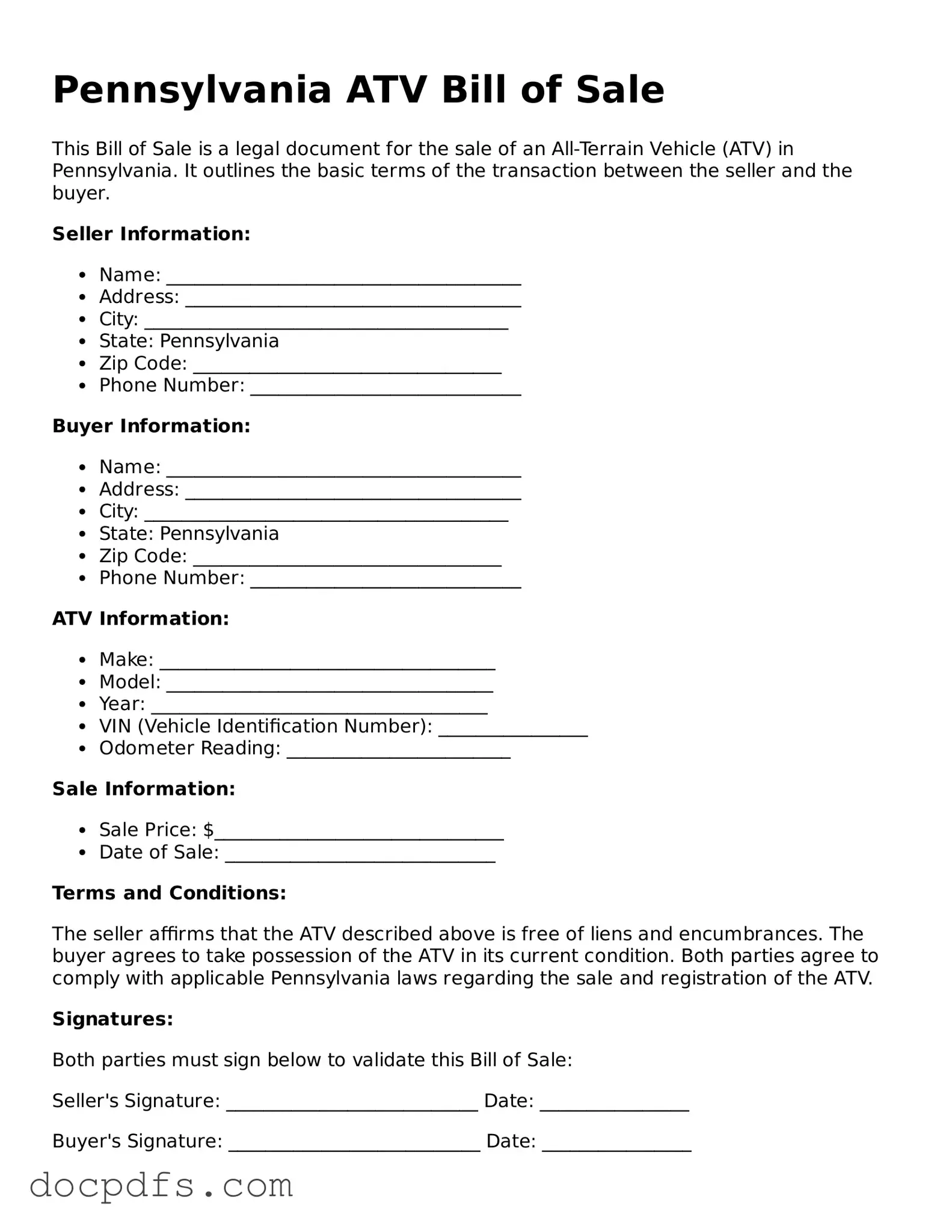 Free Pennsylvania ATV Bill of Sale Form