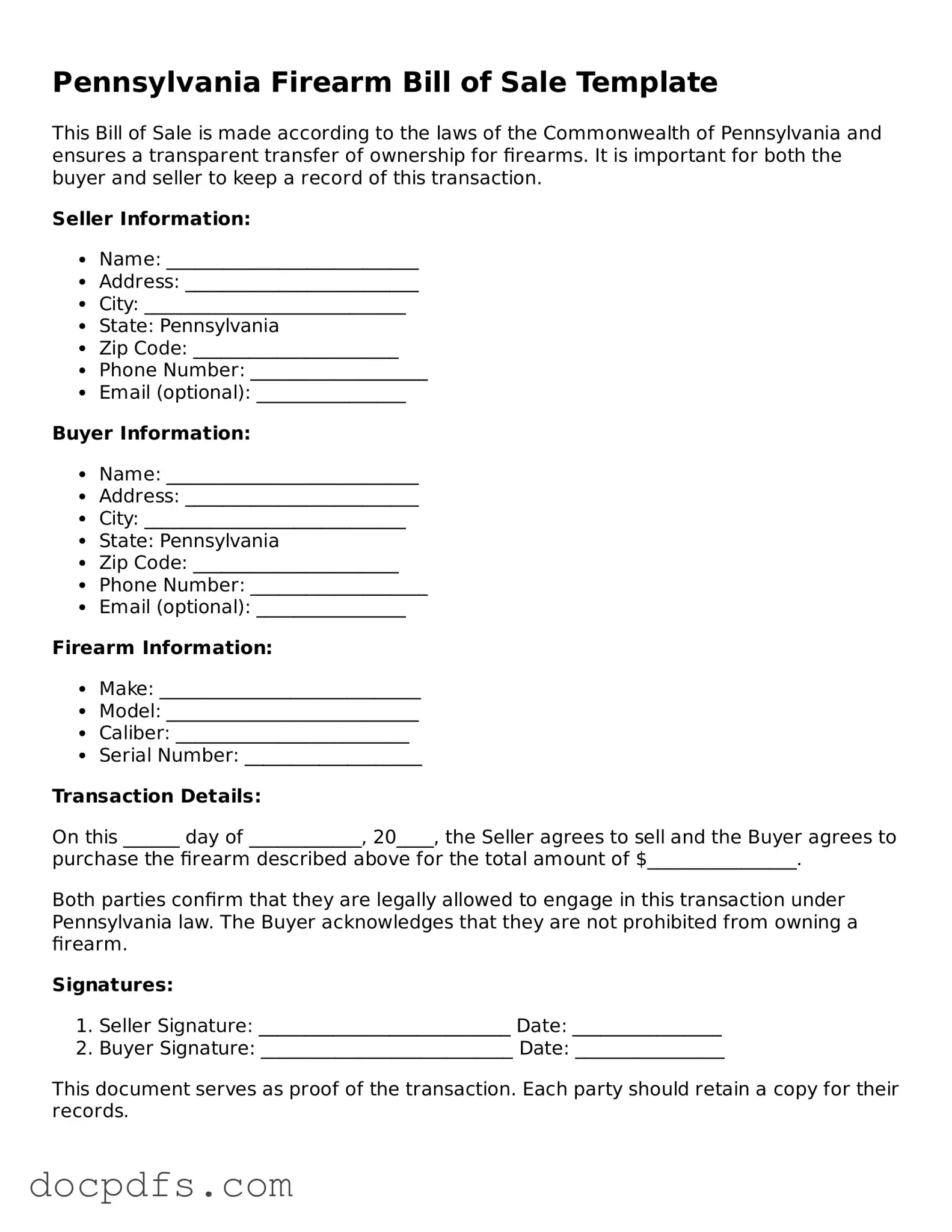 Free Pennsylvania Firearm Bill of Sale Form