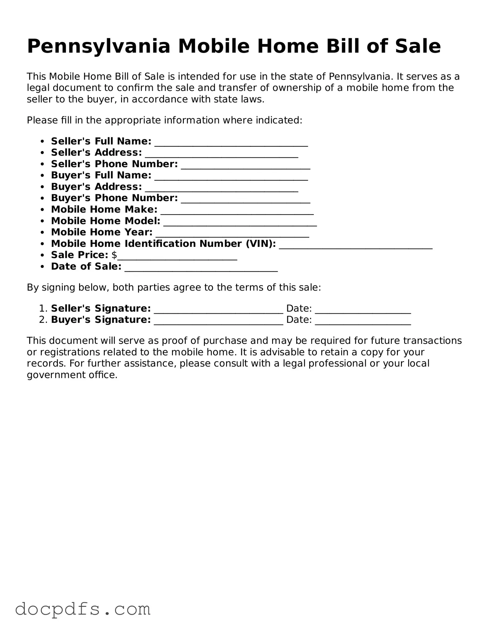 Free Pennsylvania Mobile Home Bill of Sale Form