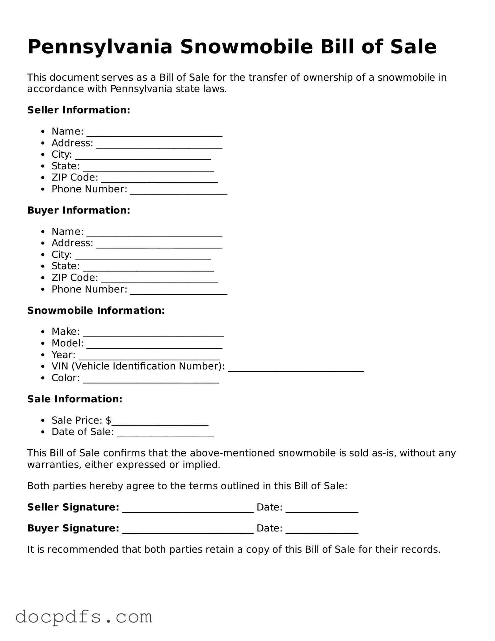 Free Pennsylvania Snowmobile Bill of Sale Form