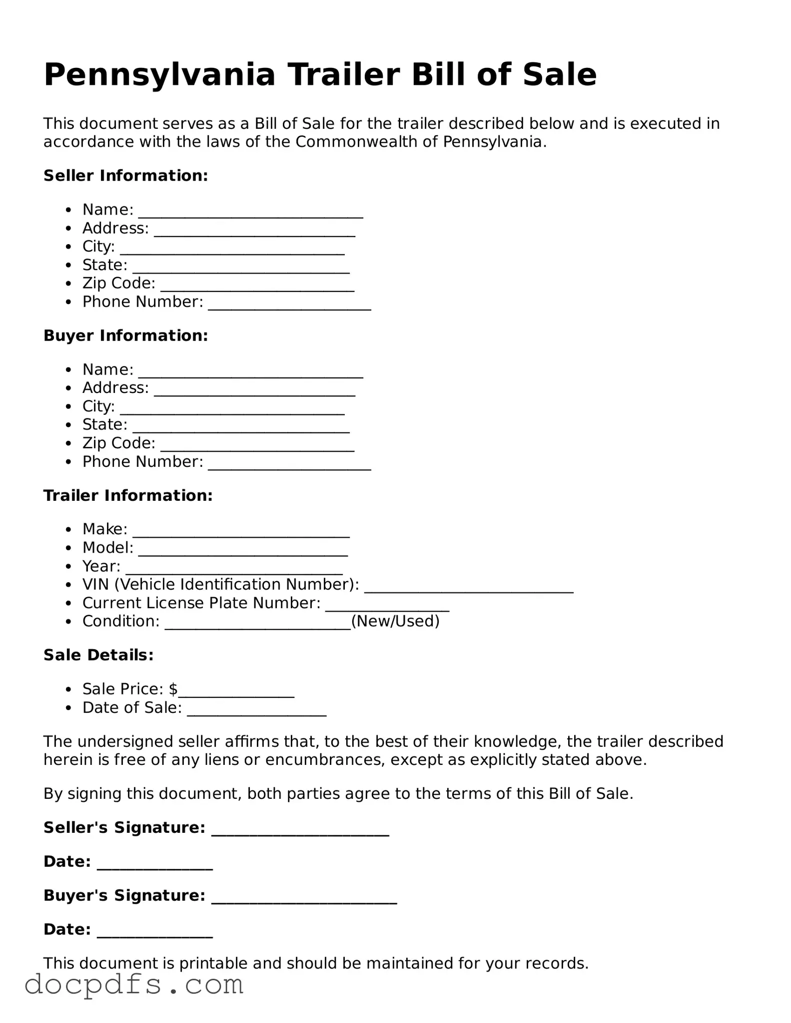 Free Pennsylvania Trailer Bill of Sale Form