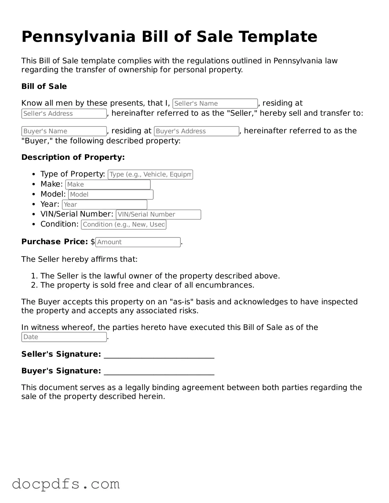 Free Pennsylvania Bill of Sale Form