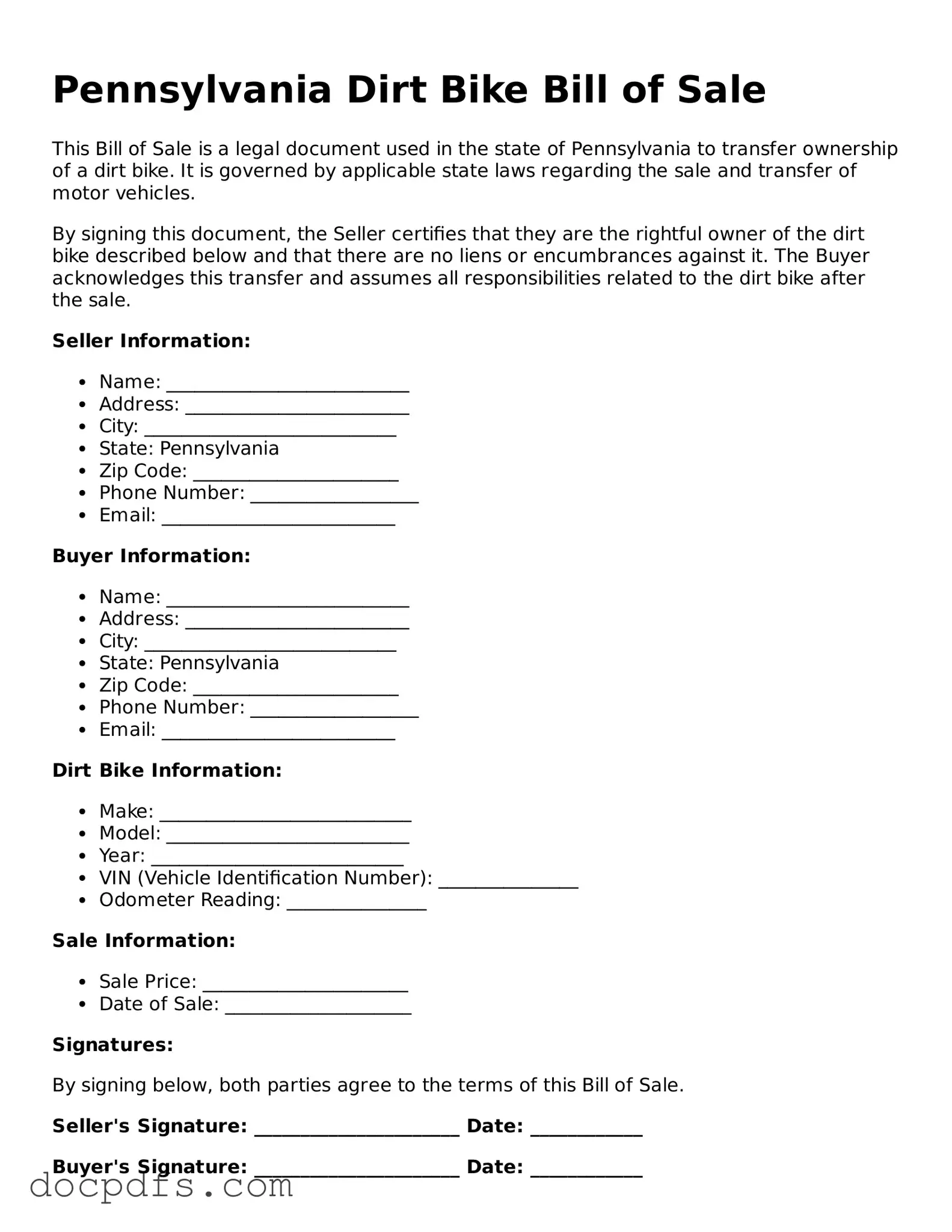 Free Pennsylvania Dirt Bike Bill of Sale Form