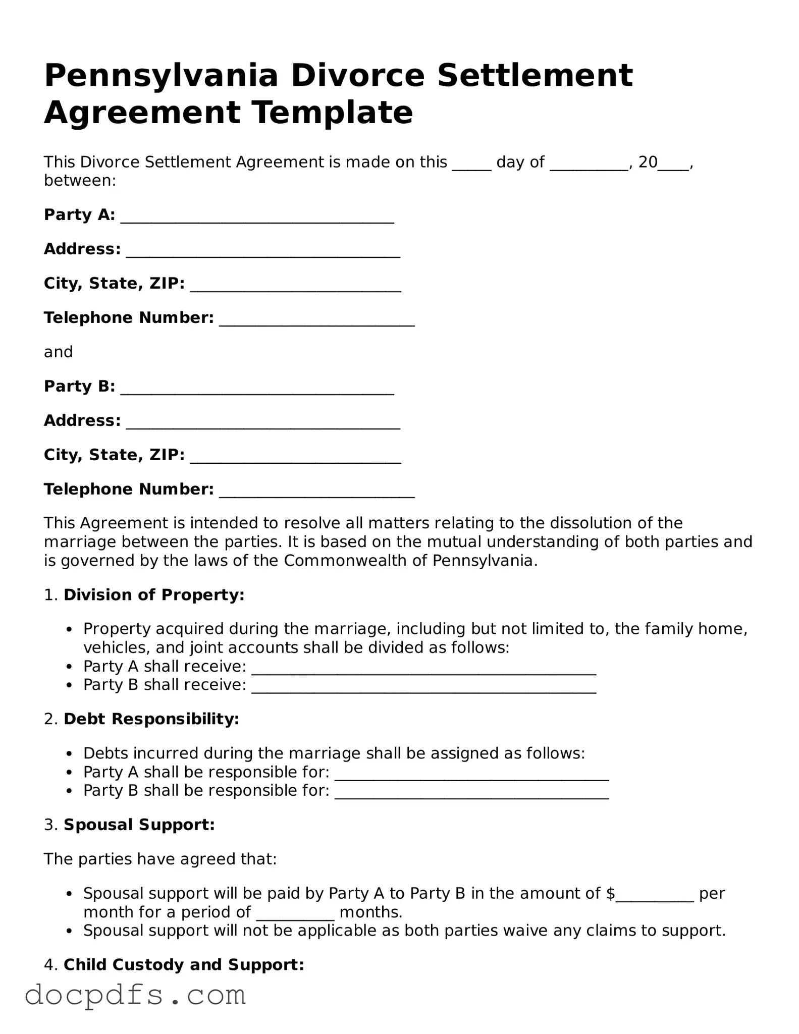 Free Pennsylvania Divorce Settlement Agreement Form