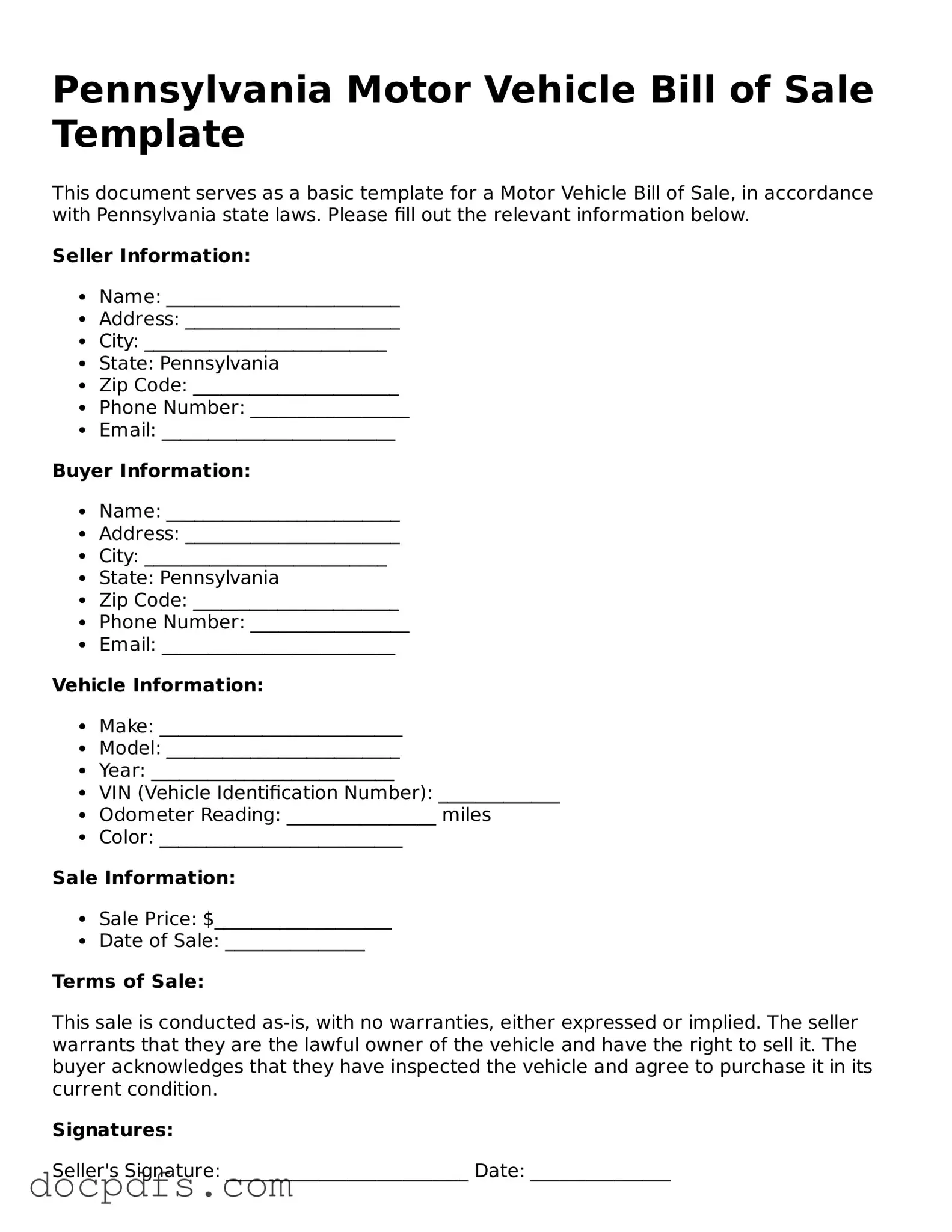 Free Pennsylvania Motor Vehicle Bill of Sale Form