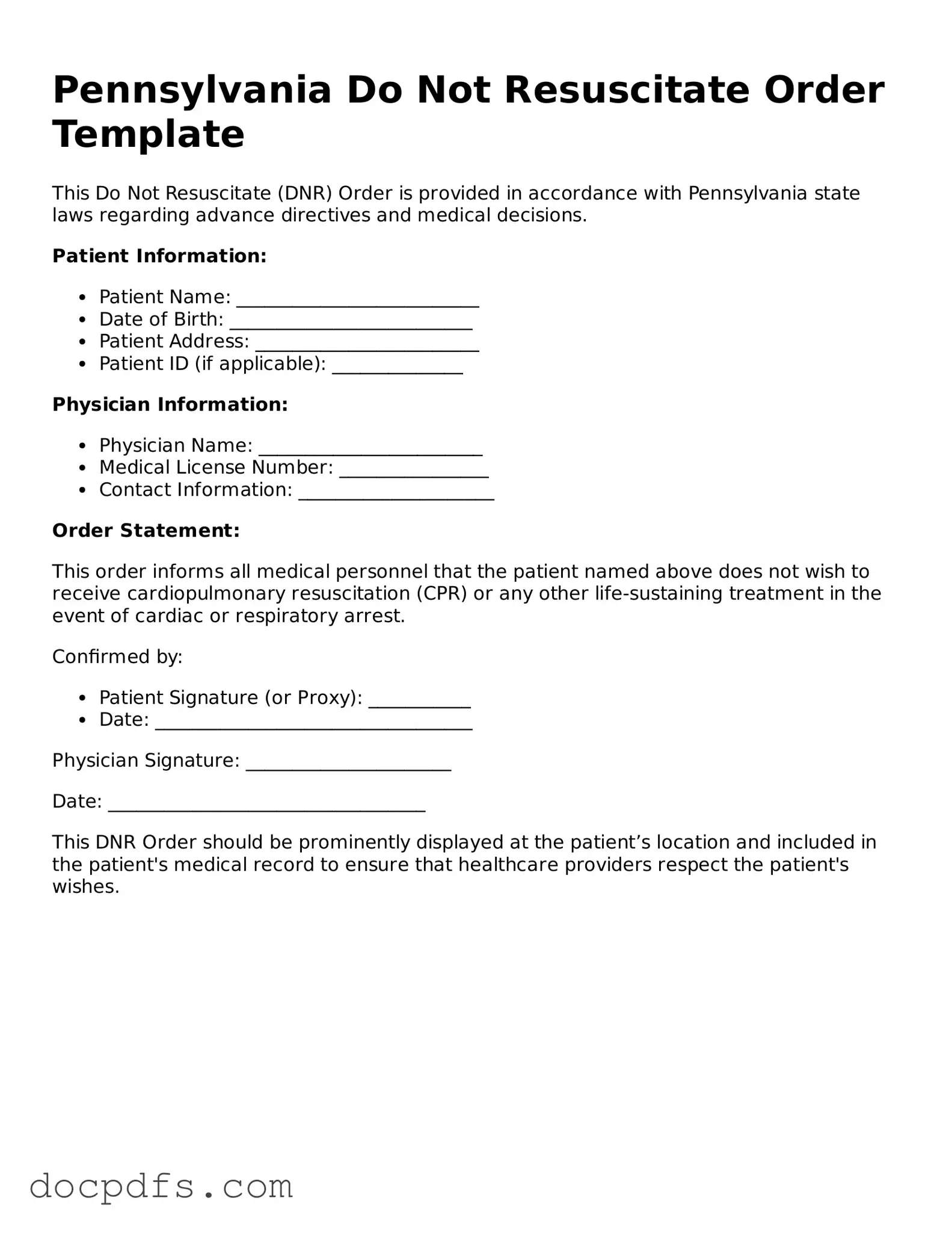 Free Pennsylvania Do Not Resuscitate Order Form