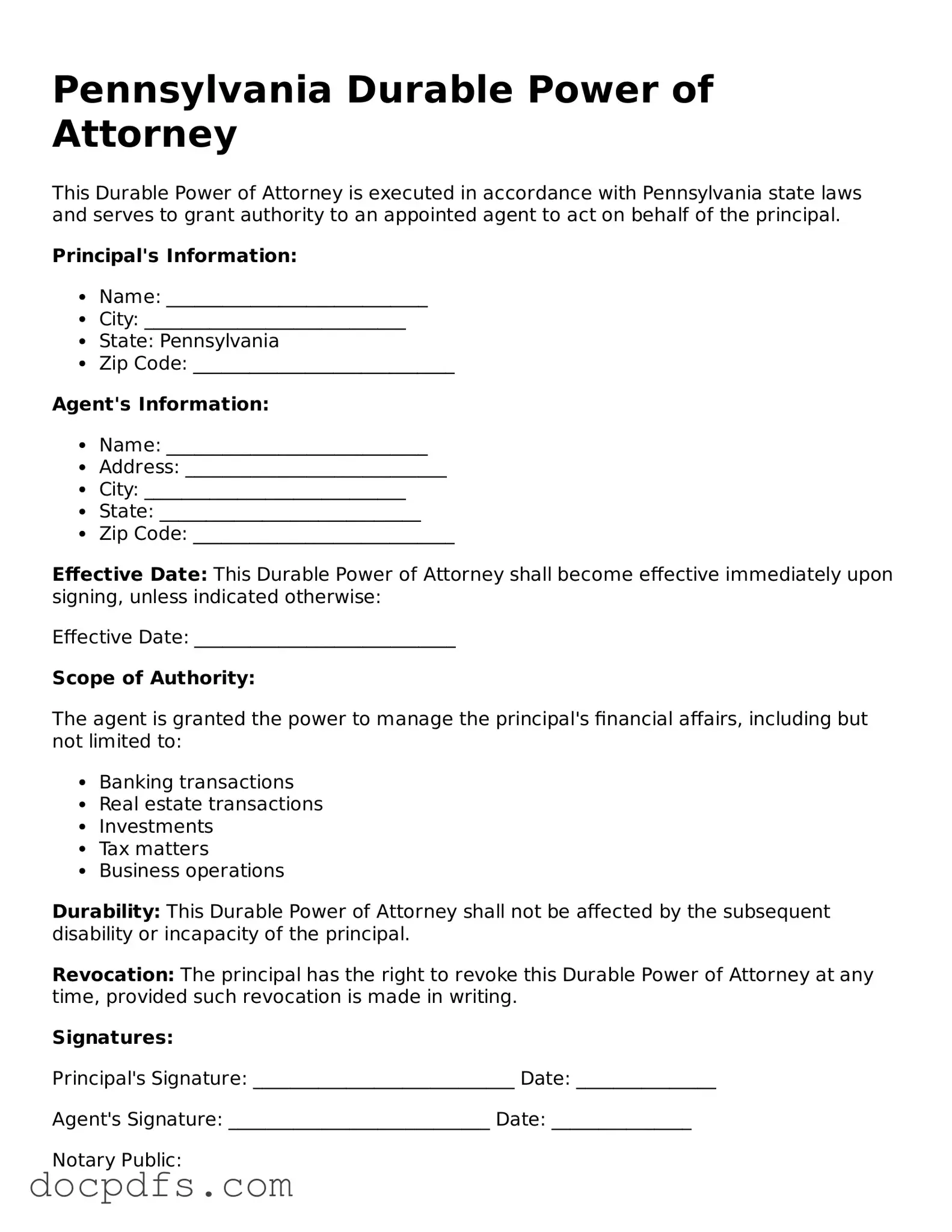 Free Pennsylvania Durable Power of Attorney Form