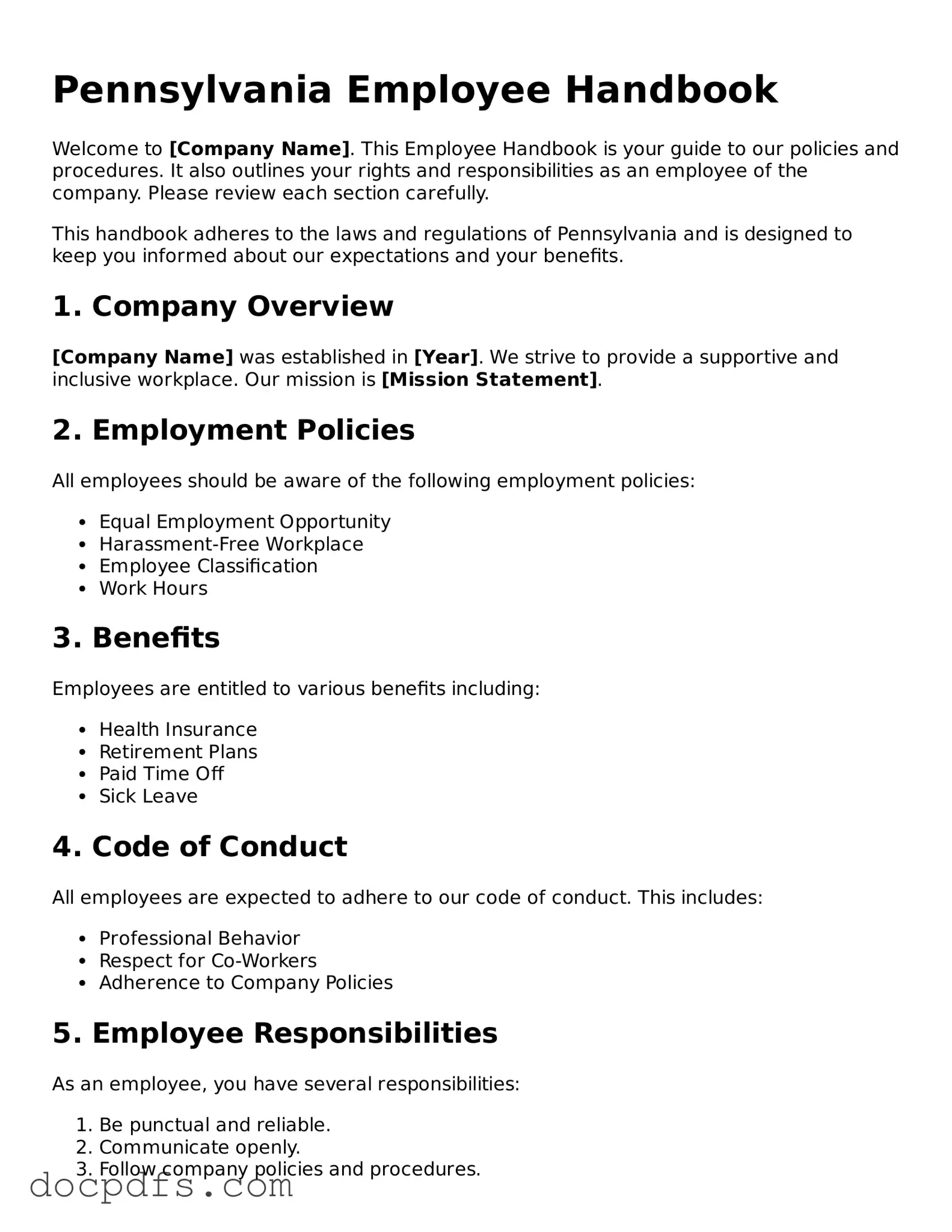 Free Pennsylvania Employee Handbook Form