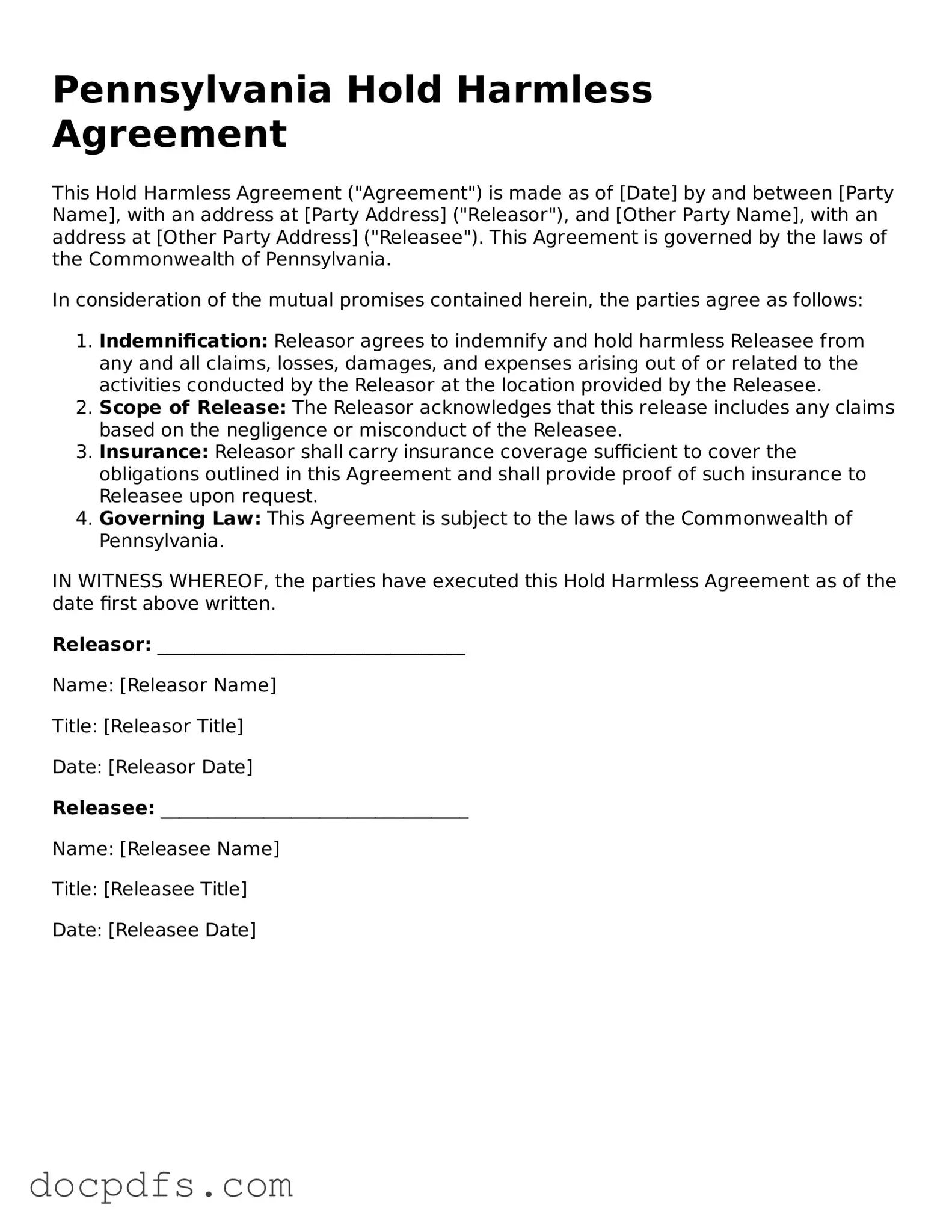 Free Pennsylvania Hold Harmless Agreement Form