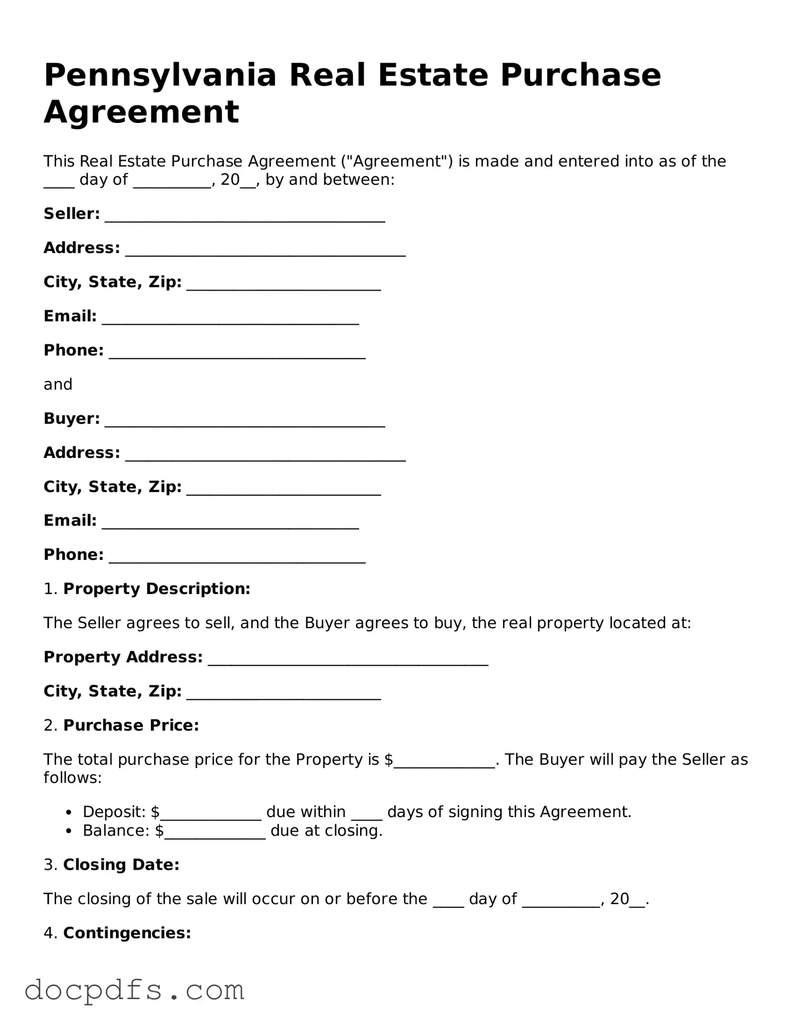 Free Pennsylvania Real Estate Purchase Agreement Form