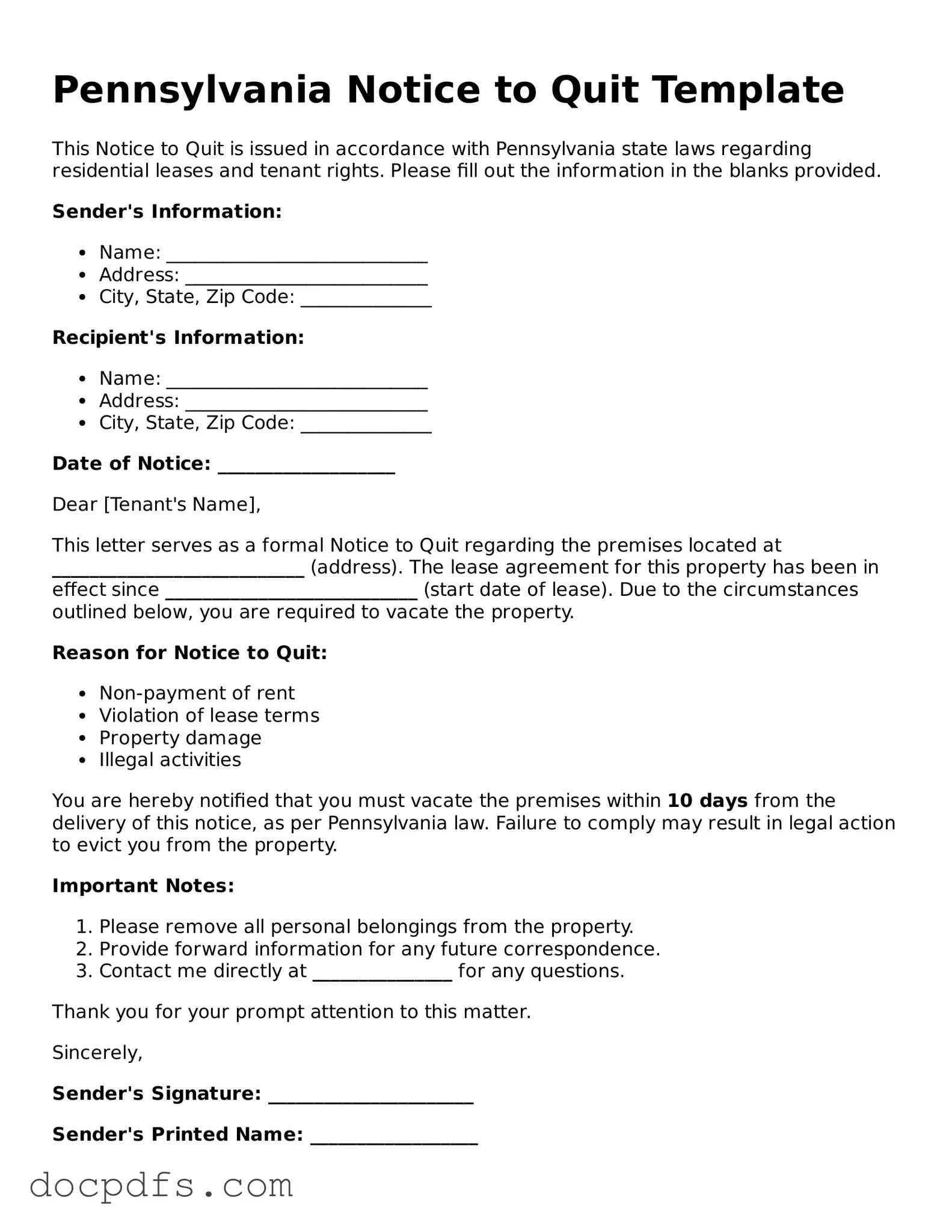 Free Pennsylvania Notice to Quit Form