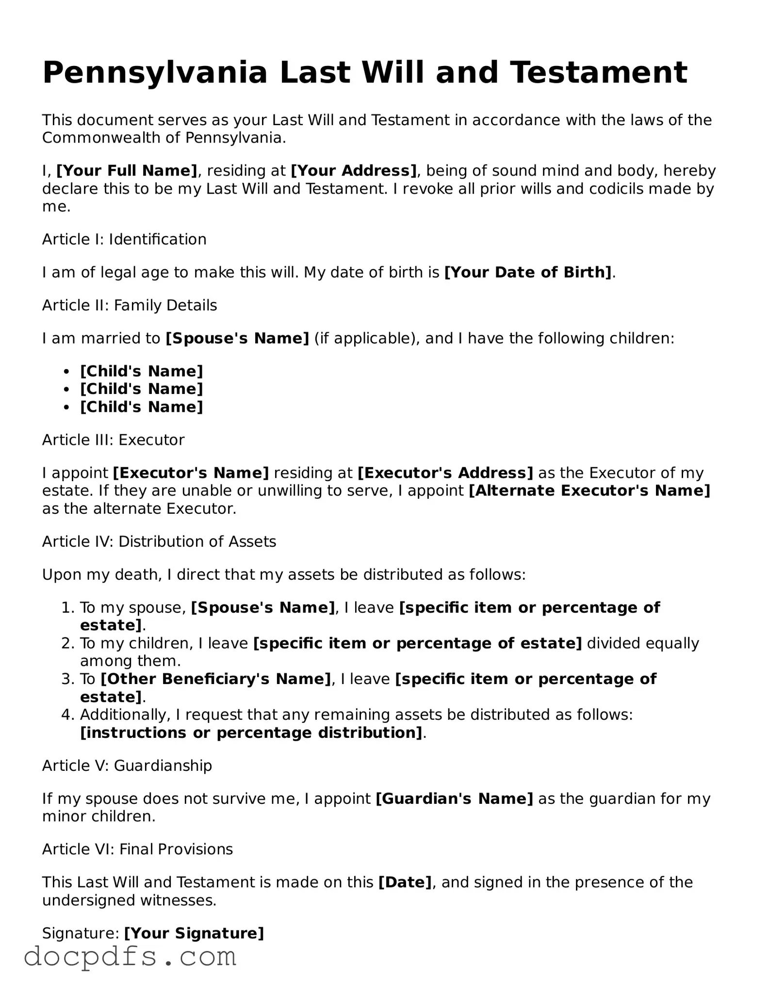 Free Pennsylvania Last Will and Testament Form