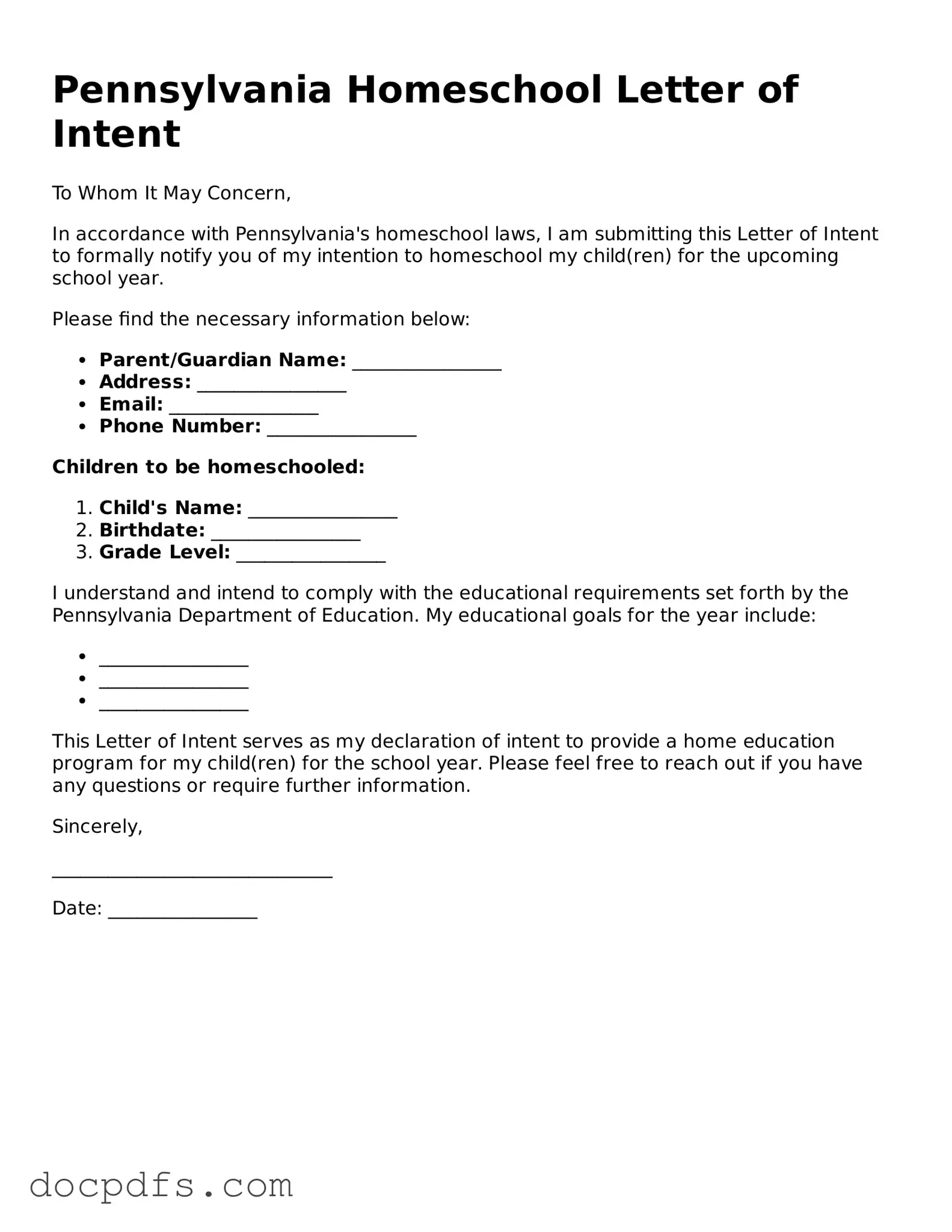 Free Pennsylvania Homeschool Letter of Intent Form