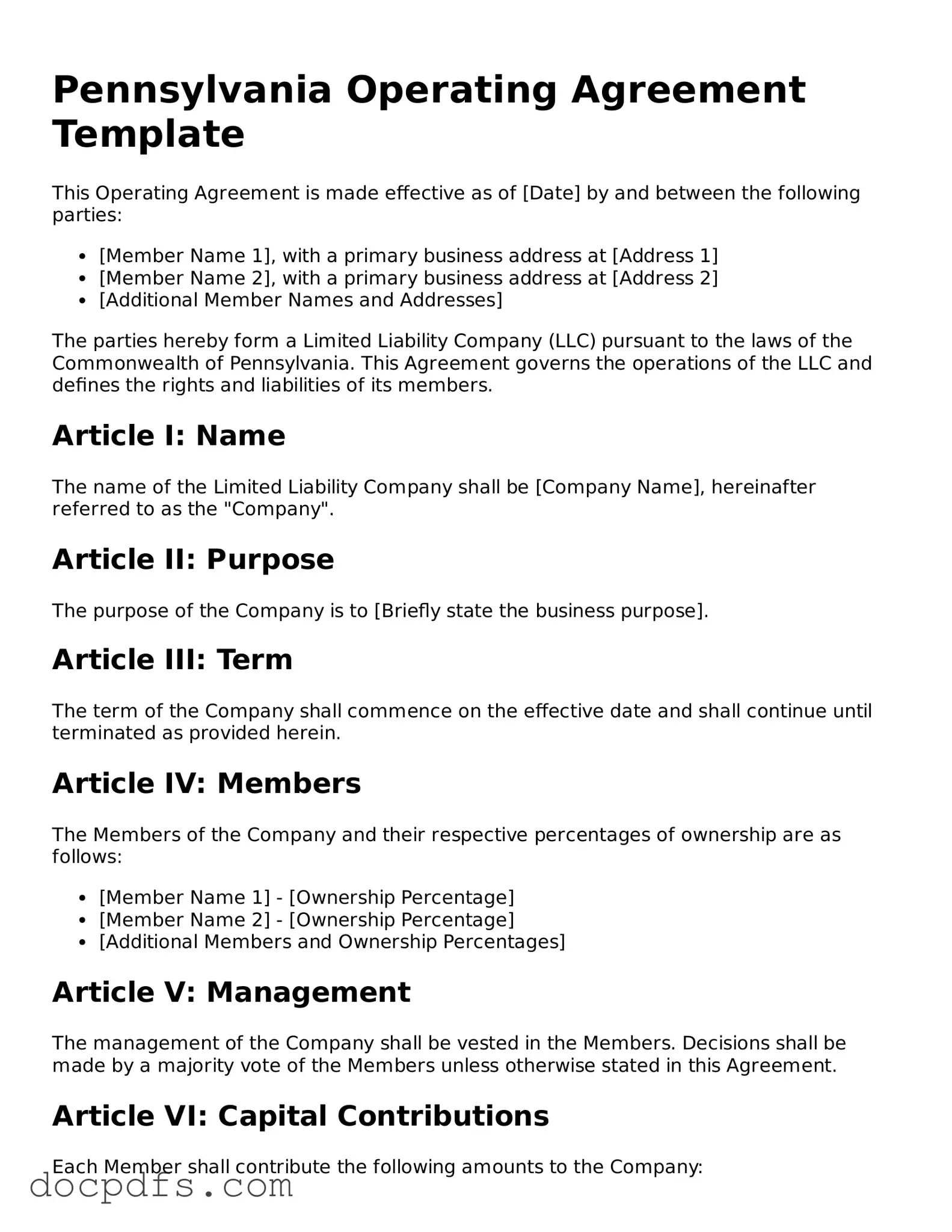 Free Pennsylvania Operating Agreement Form