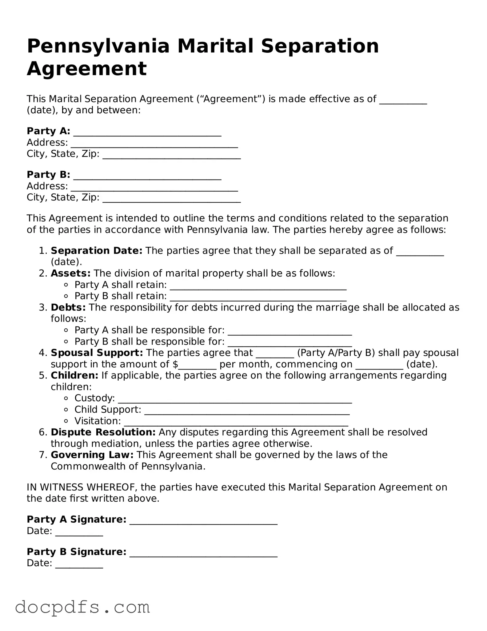 Free Pennsylvania Marital Separation Agreement Form